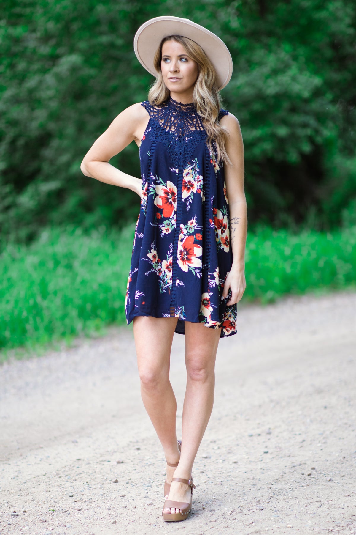 Navy and Red Floral Crochet Lace Yoke Dress - Filly Flair