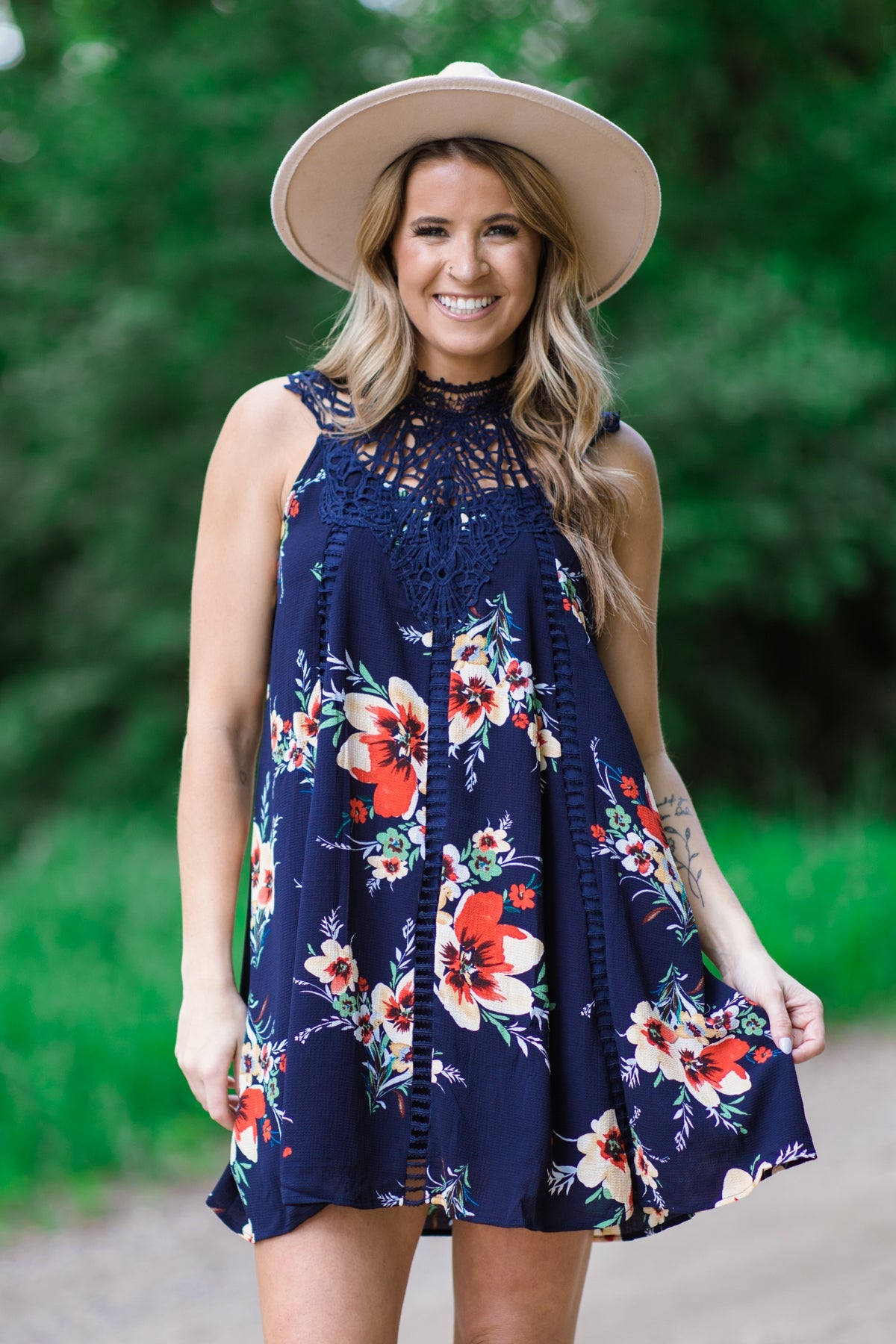Navy and Red Floral Crochet Lace Yoke Dress - Filly Flair