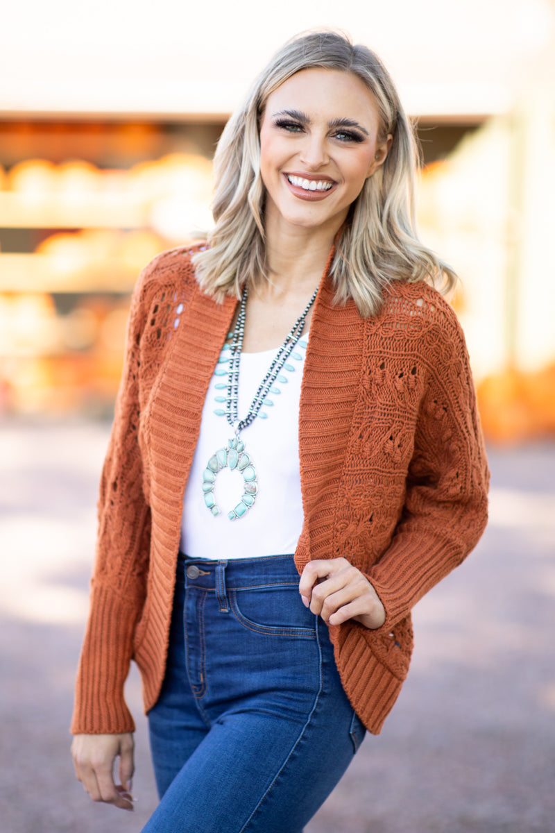 Burnt Orange Rib Knit Trim Cocoon Cardigan · Filly Flair
