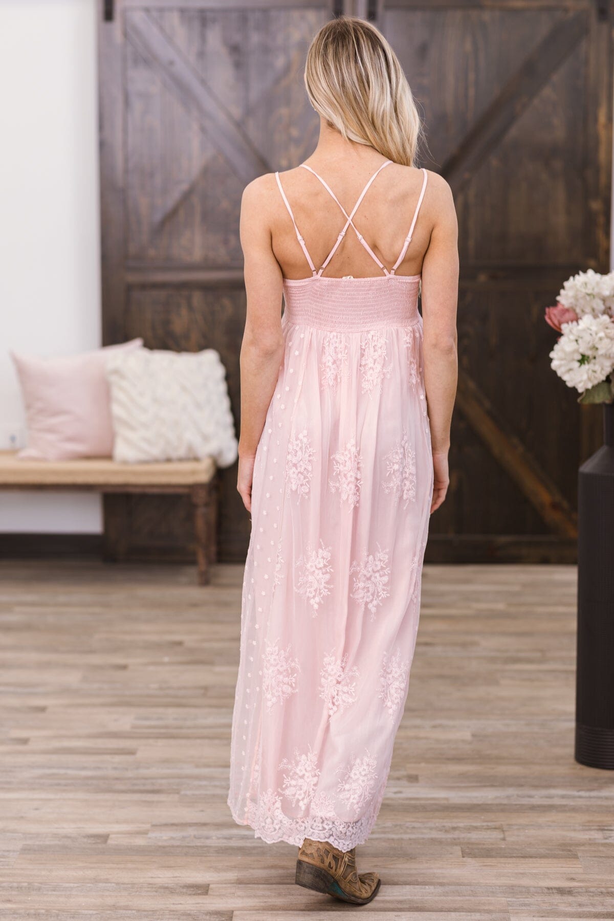 Dusty Rose Crochet Lace Bodice Maxi Dress - Filly Flair