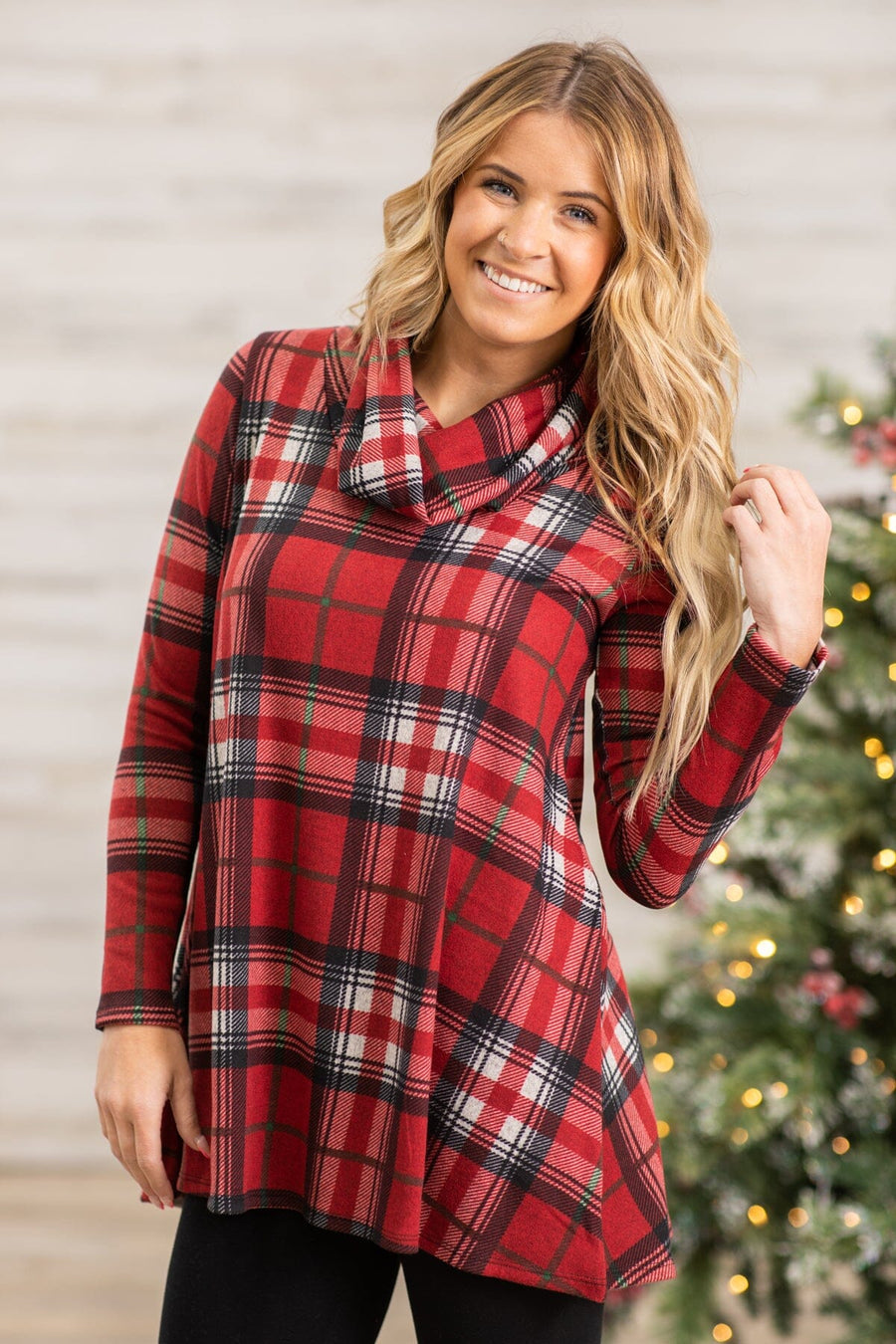 Red Plaid Cowl Neck Tunic - Filly Flair
