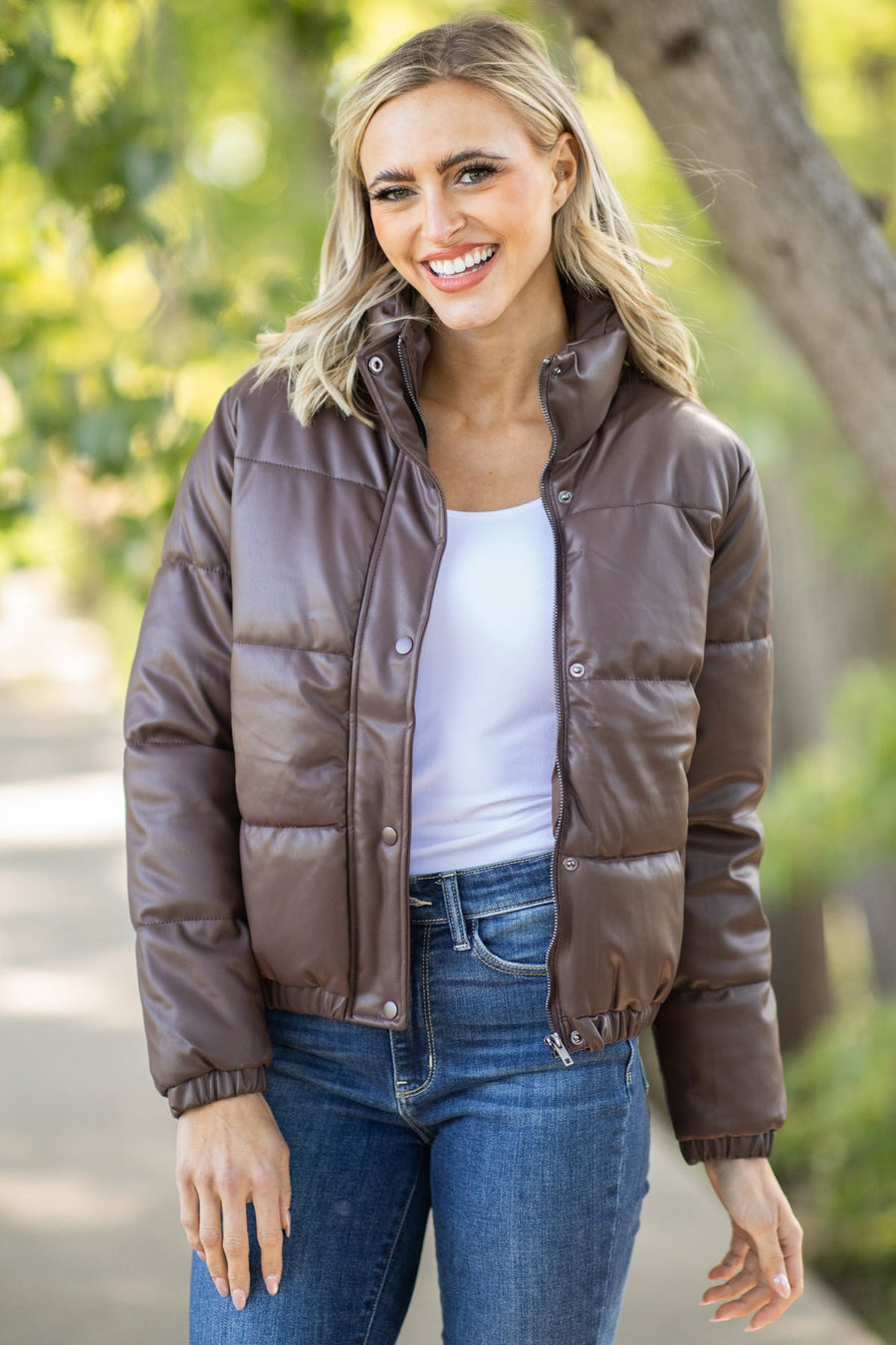 Brown Faux Leather Puffer Jacket - Filly Flair