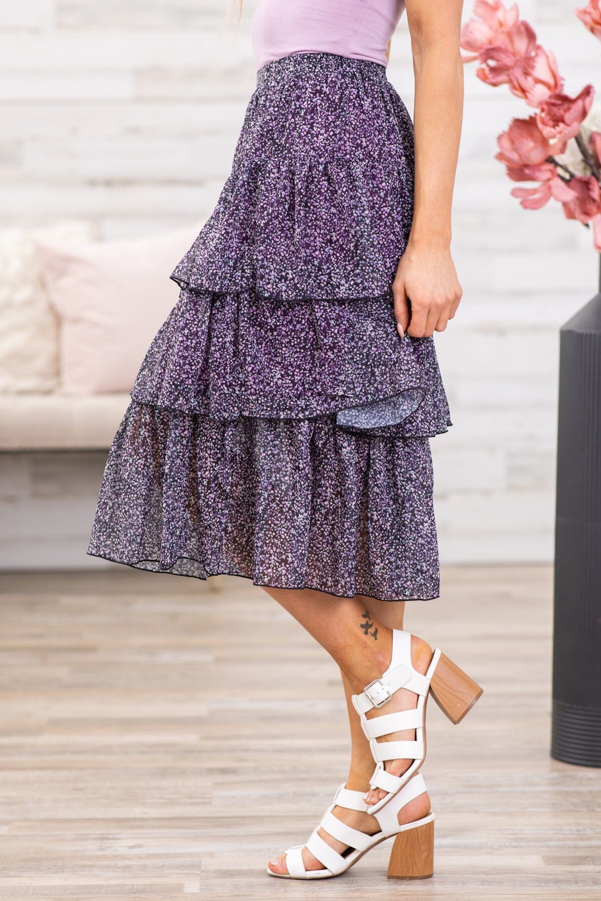 Purple and Blue Floral Tiered Midi Skirt - Filly Flair