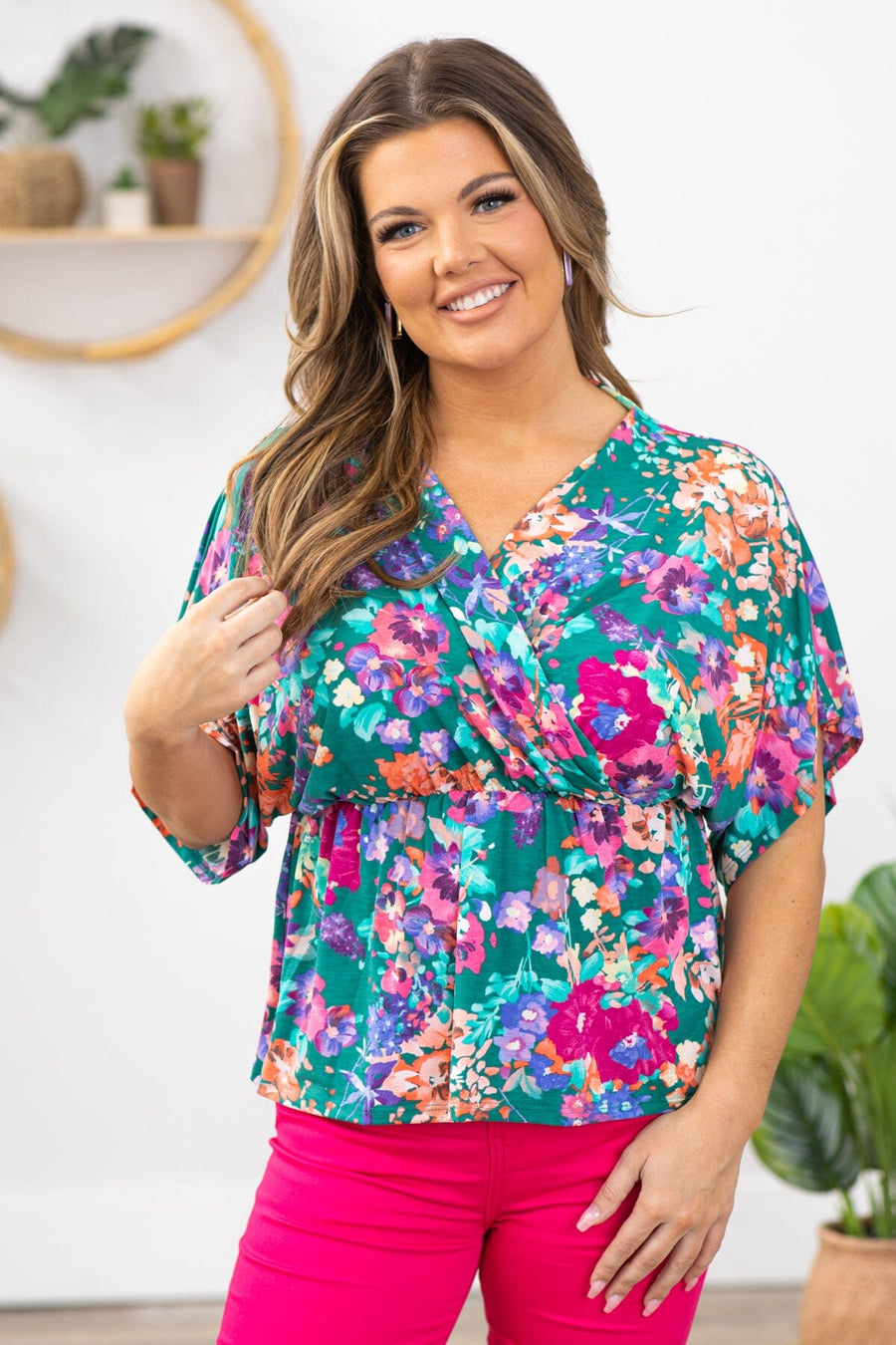 Jade and Fuchsia Floral Surplice Front Top - Filly Flair
