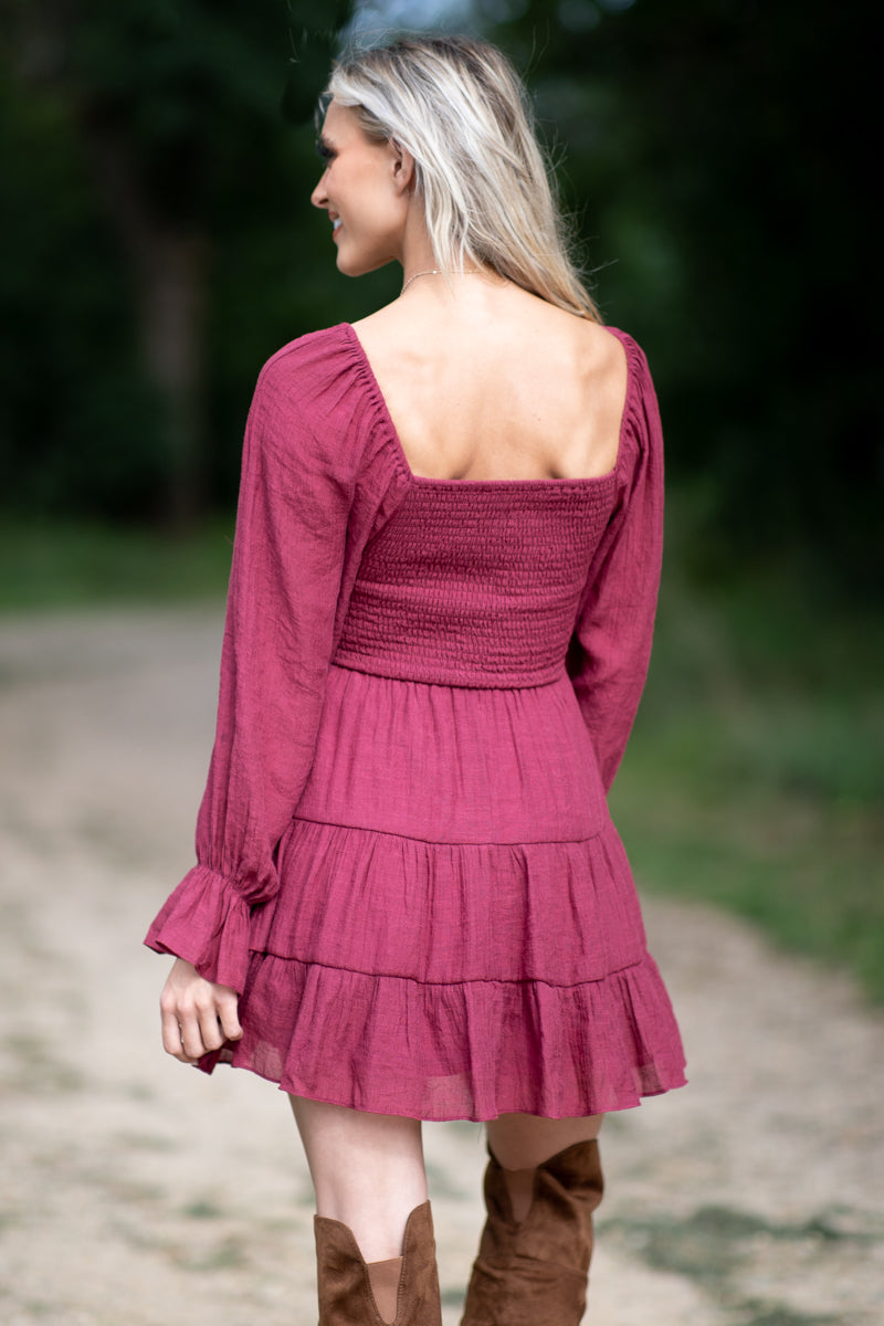 Wine Smocked Bodice Tiered Skirt Dress - Filly Flair