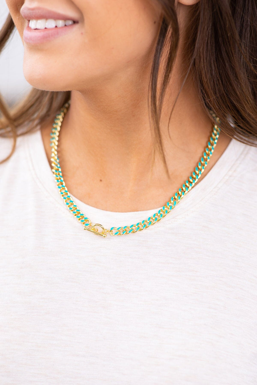 Turquoise and Gold Enamel Thick Chain Necklace - Filly Flair