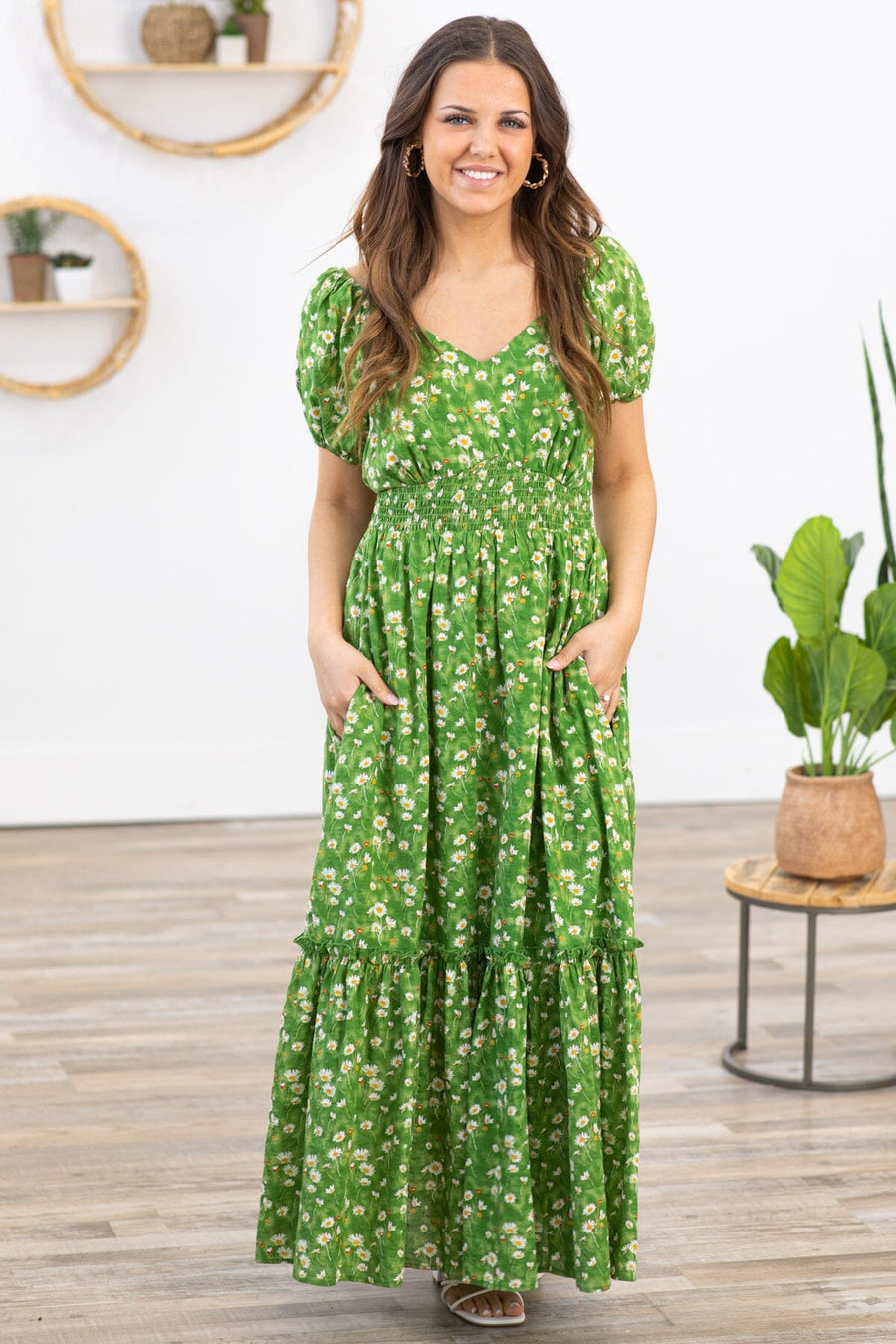 Green Multicolor Floral Puff Sleeve Maxi Dress - Filly Flair