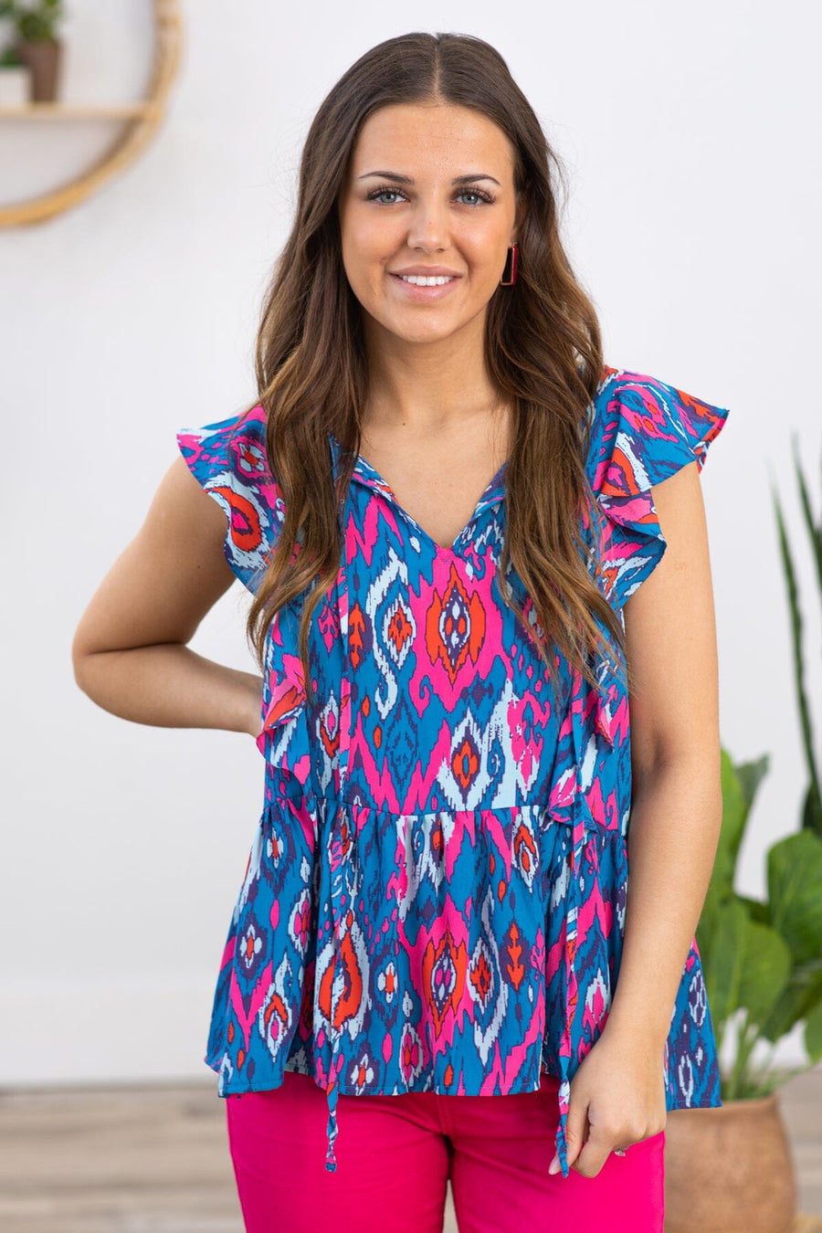 Royal Blue and Pink Abstract Print Top - Filly Flair