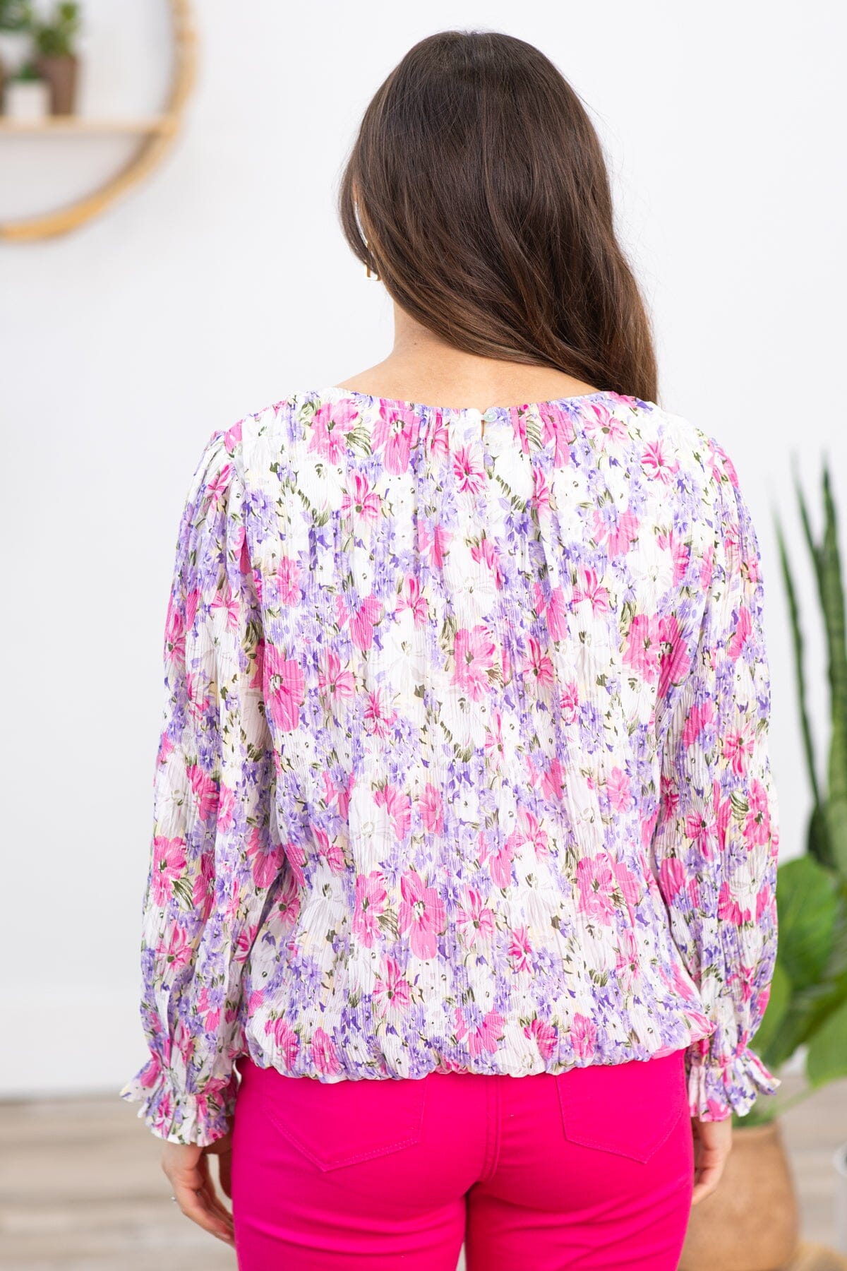 Hot Pink and Lavender Pleated Floral Print Top - Filly Flair