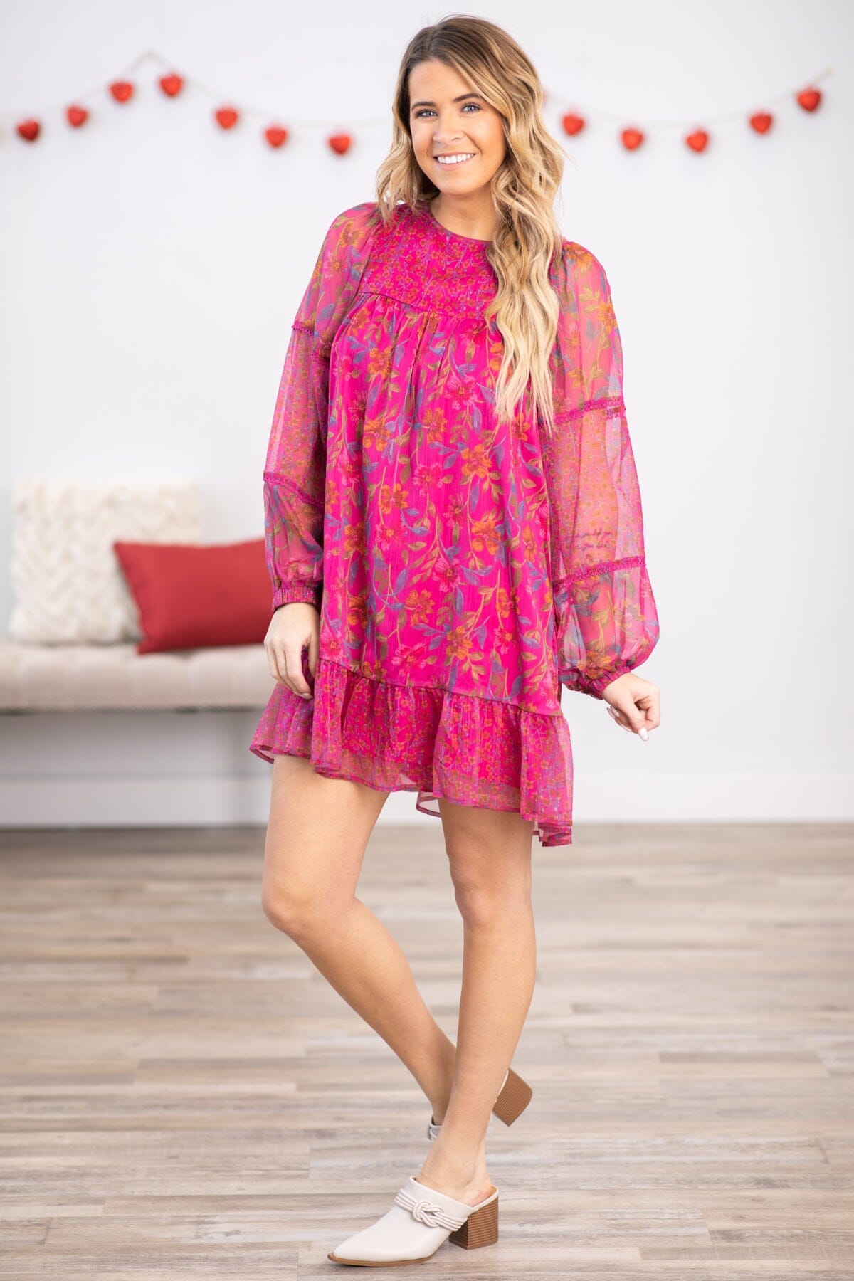 Hot Pink Multicolor Floral Long Sleeve Dress - Filly Flair