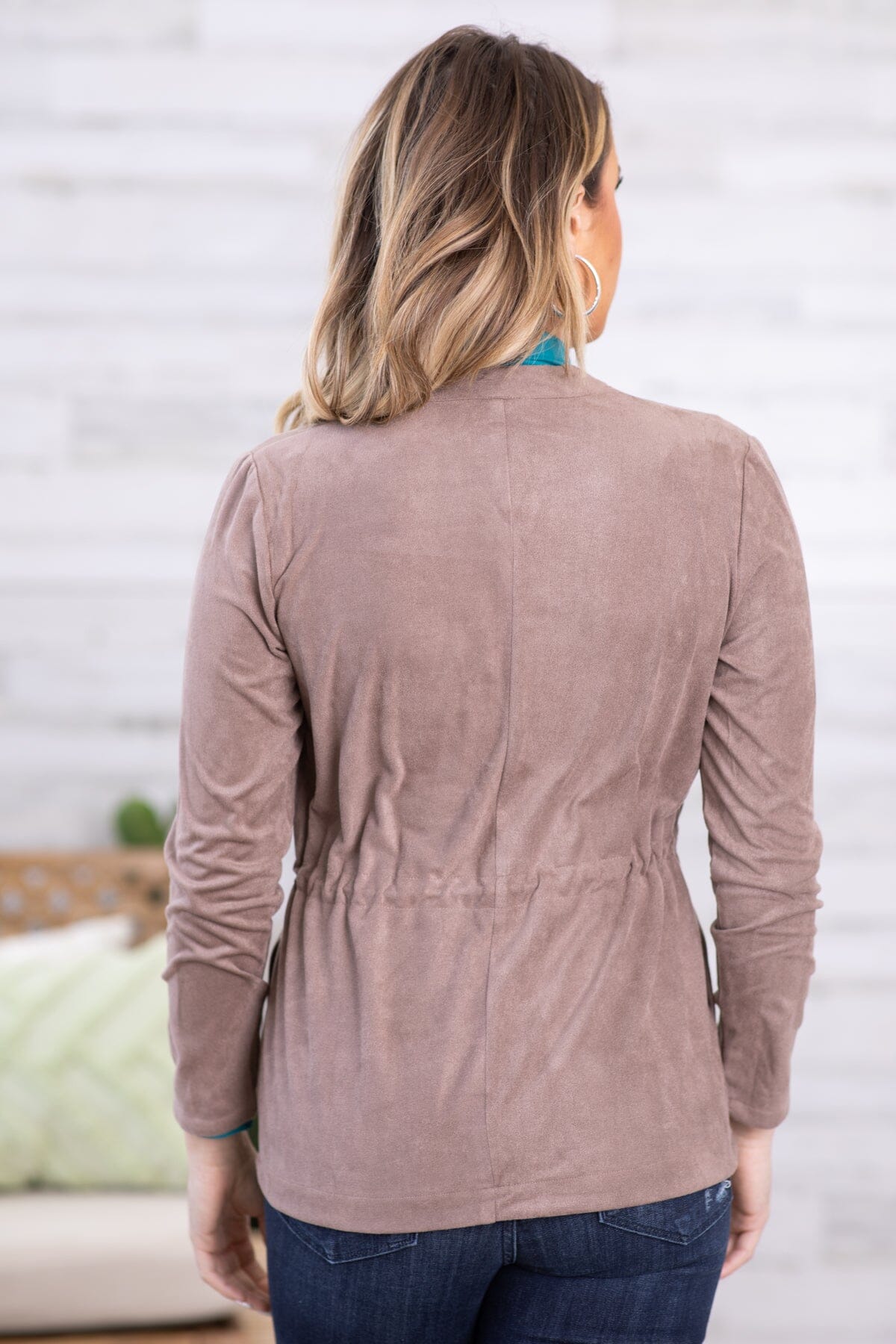 Mocha Faux Suede Waterfall Front Jacket - Filly Flair