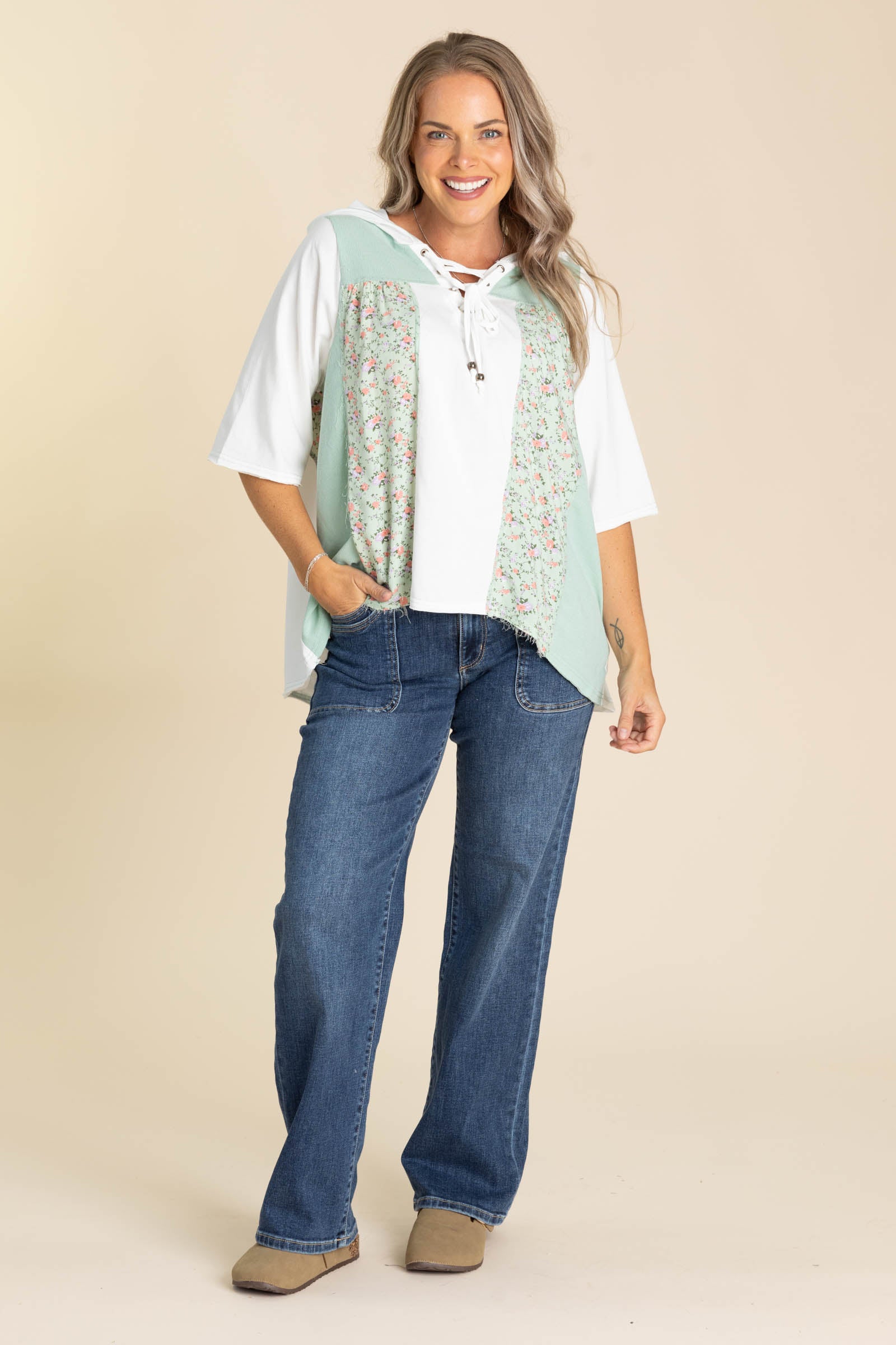 Lace Up V-Neck Knit Floral Hoodie Tops · Filly Flair