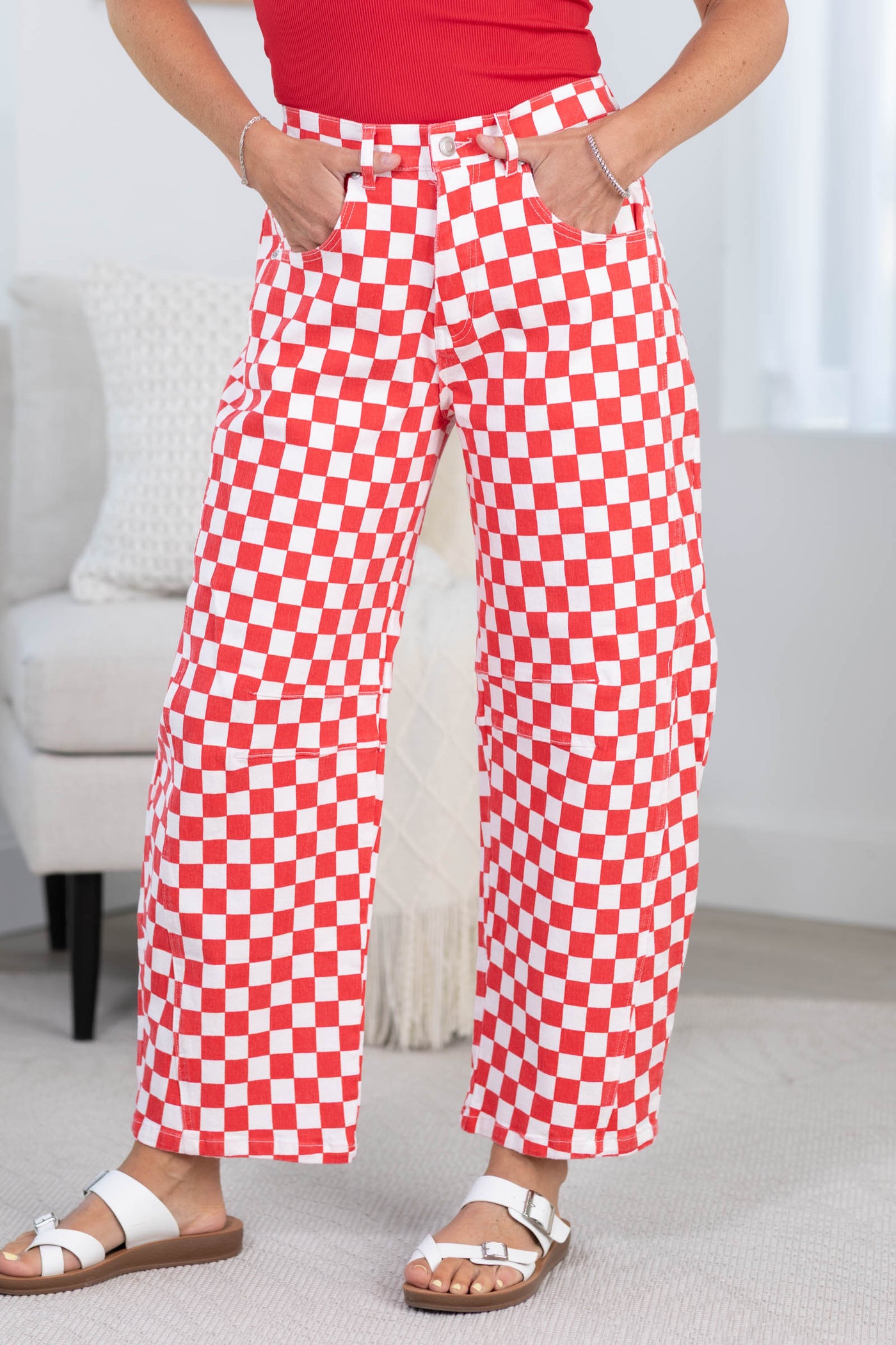 Red Checkered Elastic Waist Barrel Pants