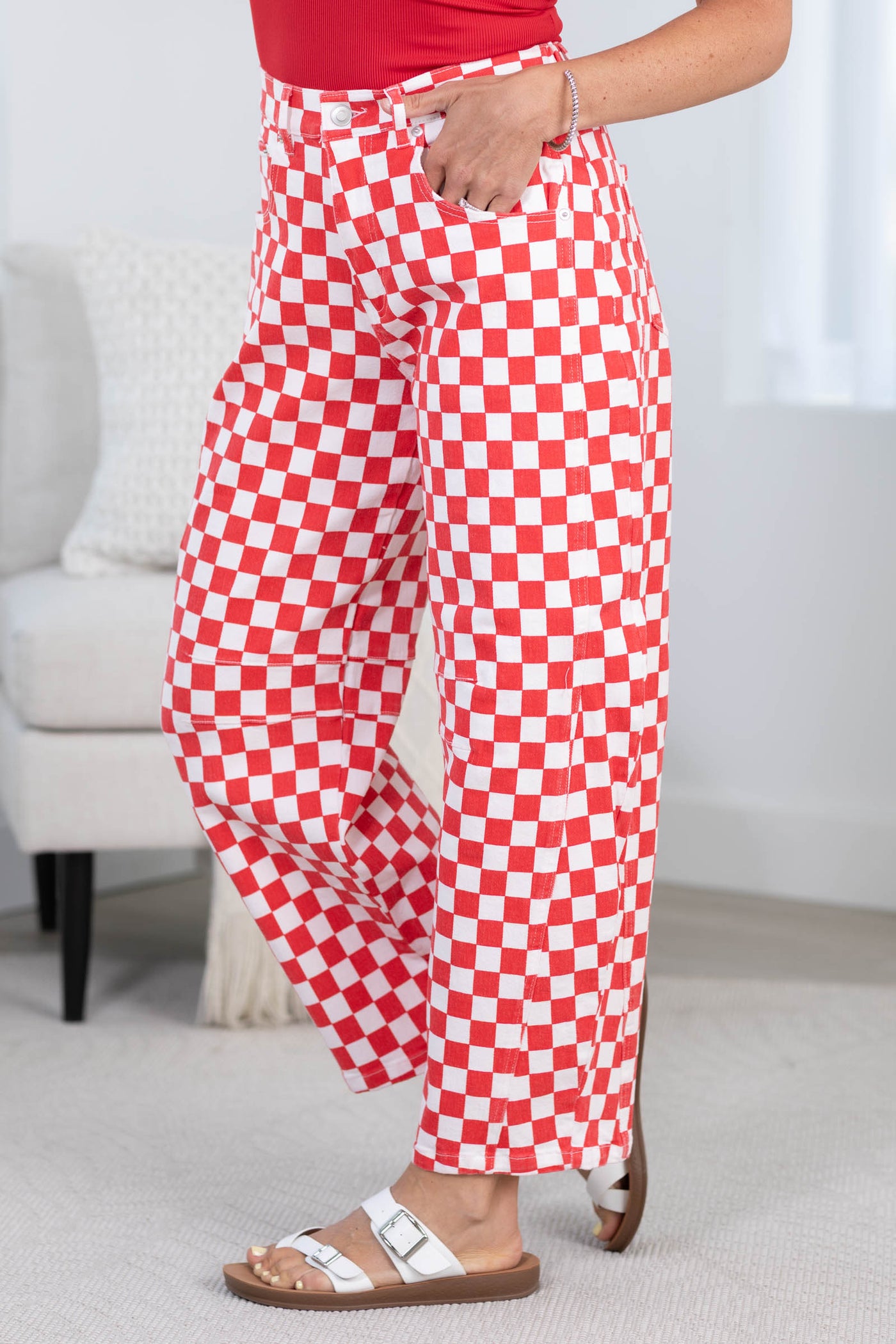Red Checkered Elastic Waist Barrel Pants