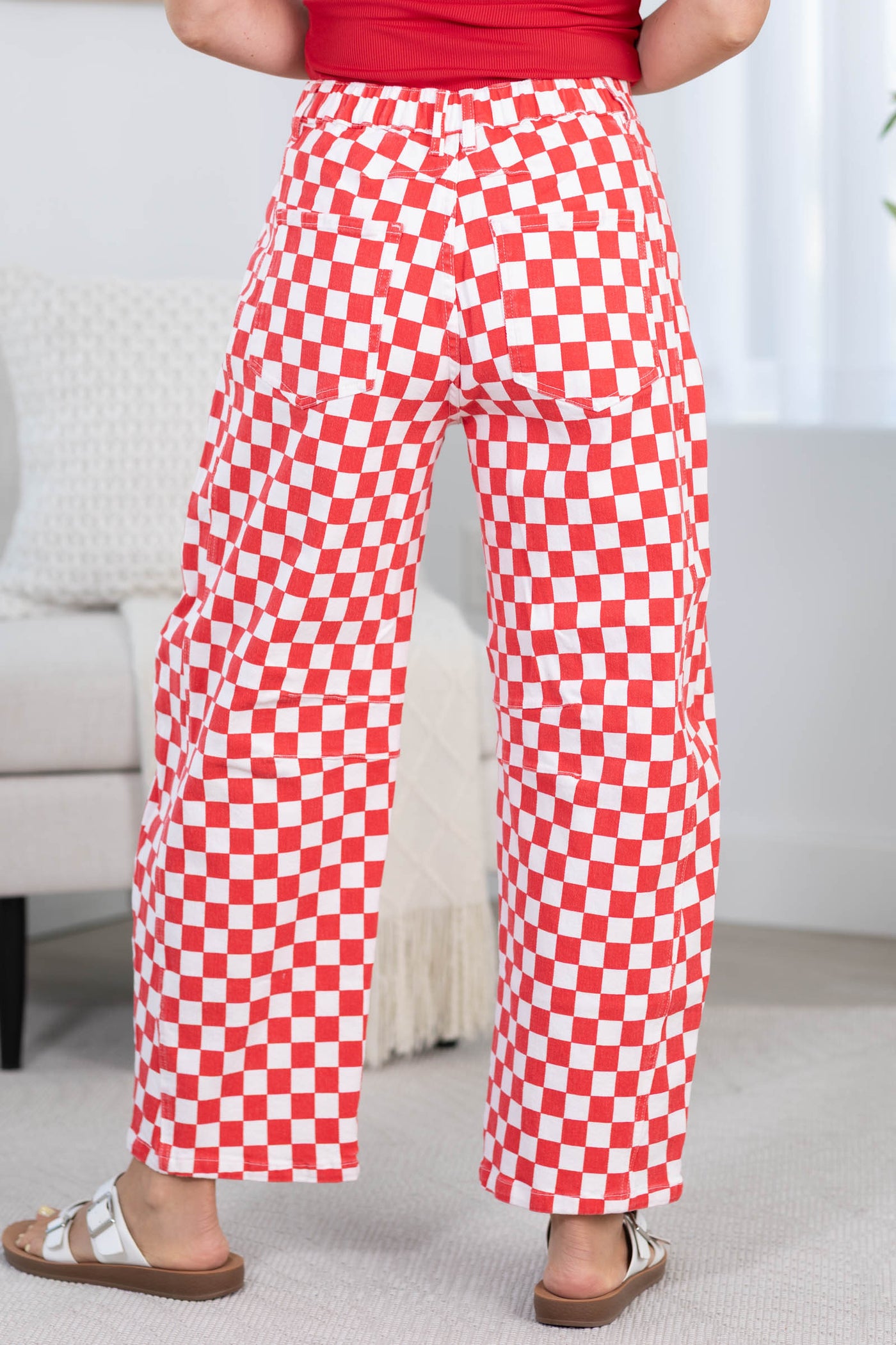 Red Checkered Elastic Waist Barrel Pants
