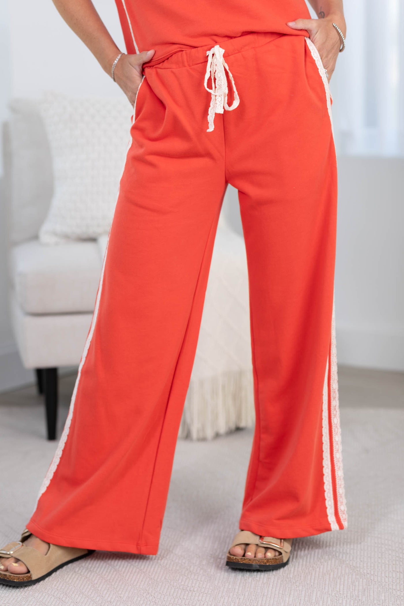 Lace Striped Elastic Waist Terry Sweatpants