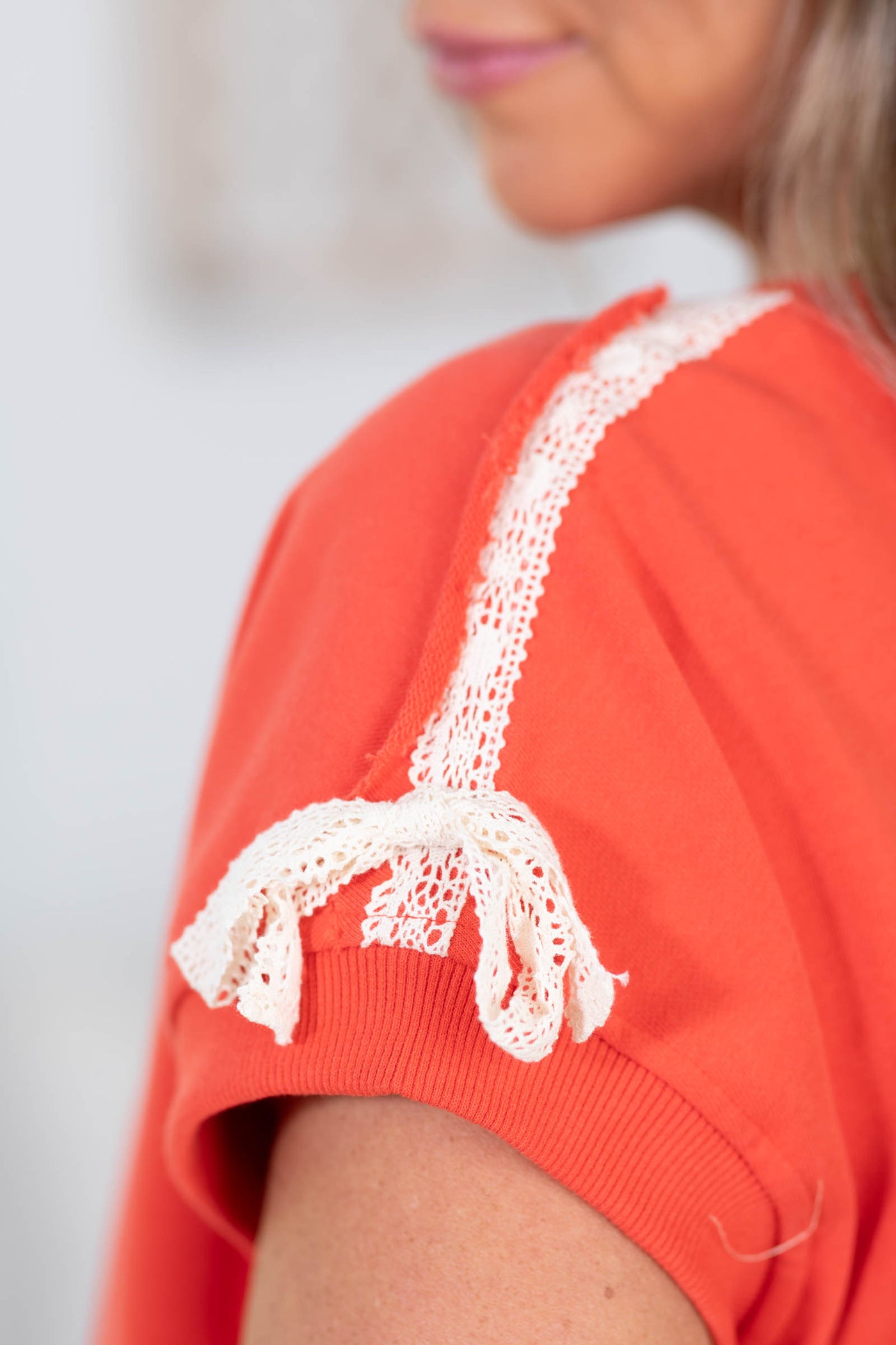 Lace Striped Bow Short Sleeve Knit Top