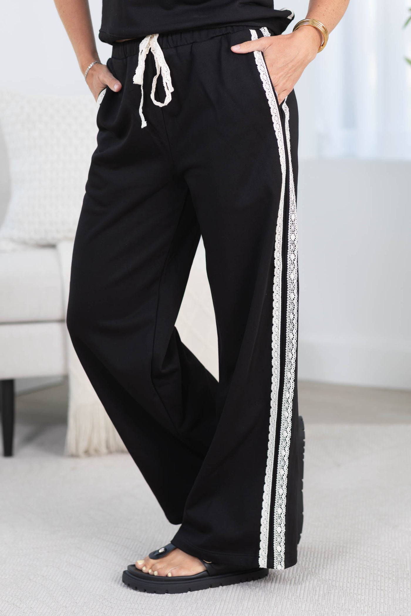 Lace Striped Elastic Waist Terry Sweatpants