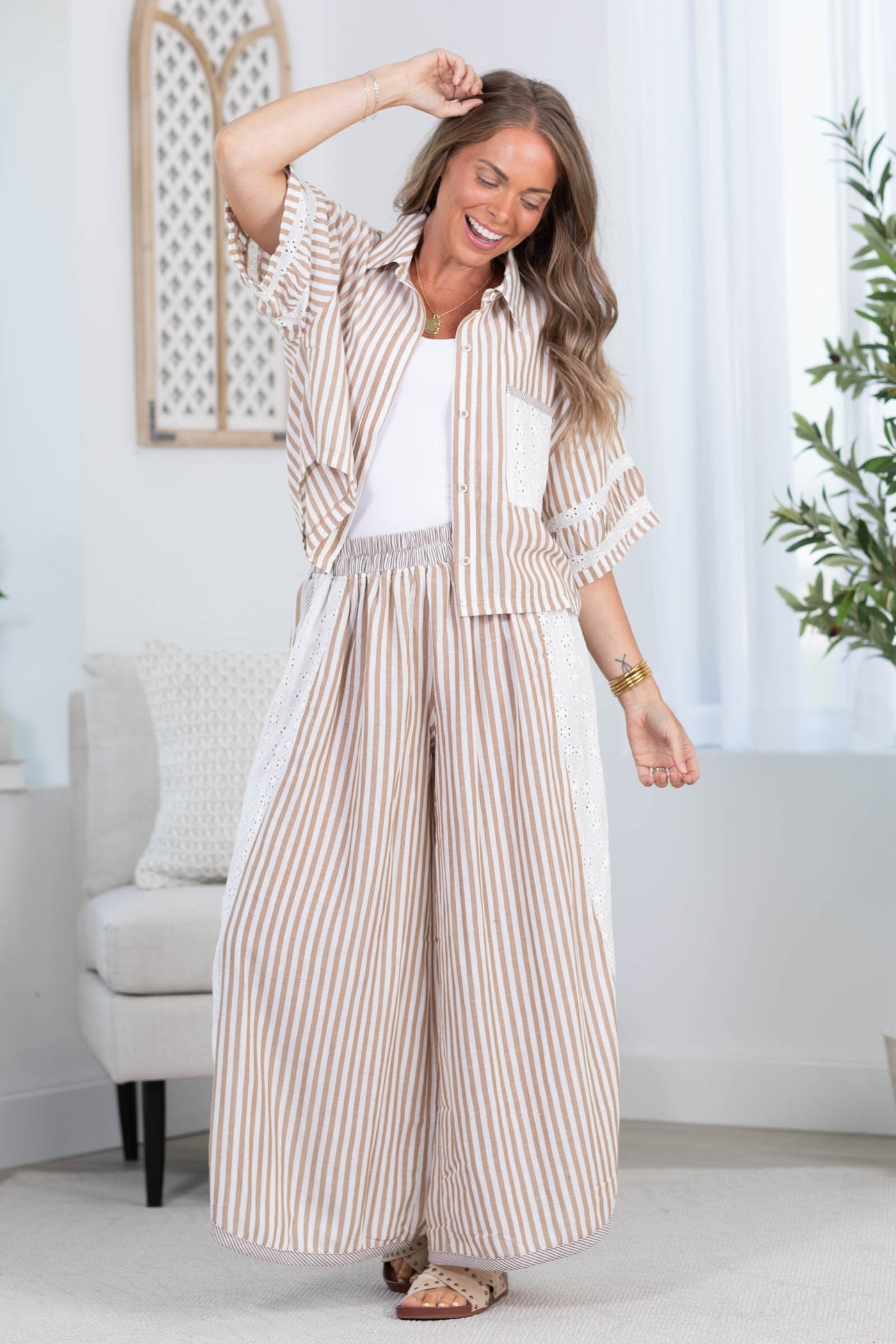 Cotierra Mocha Stripe Eyelet Wide Leg Pant