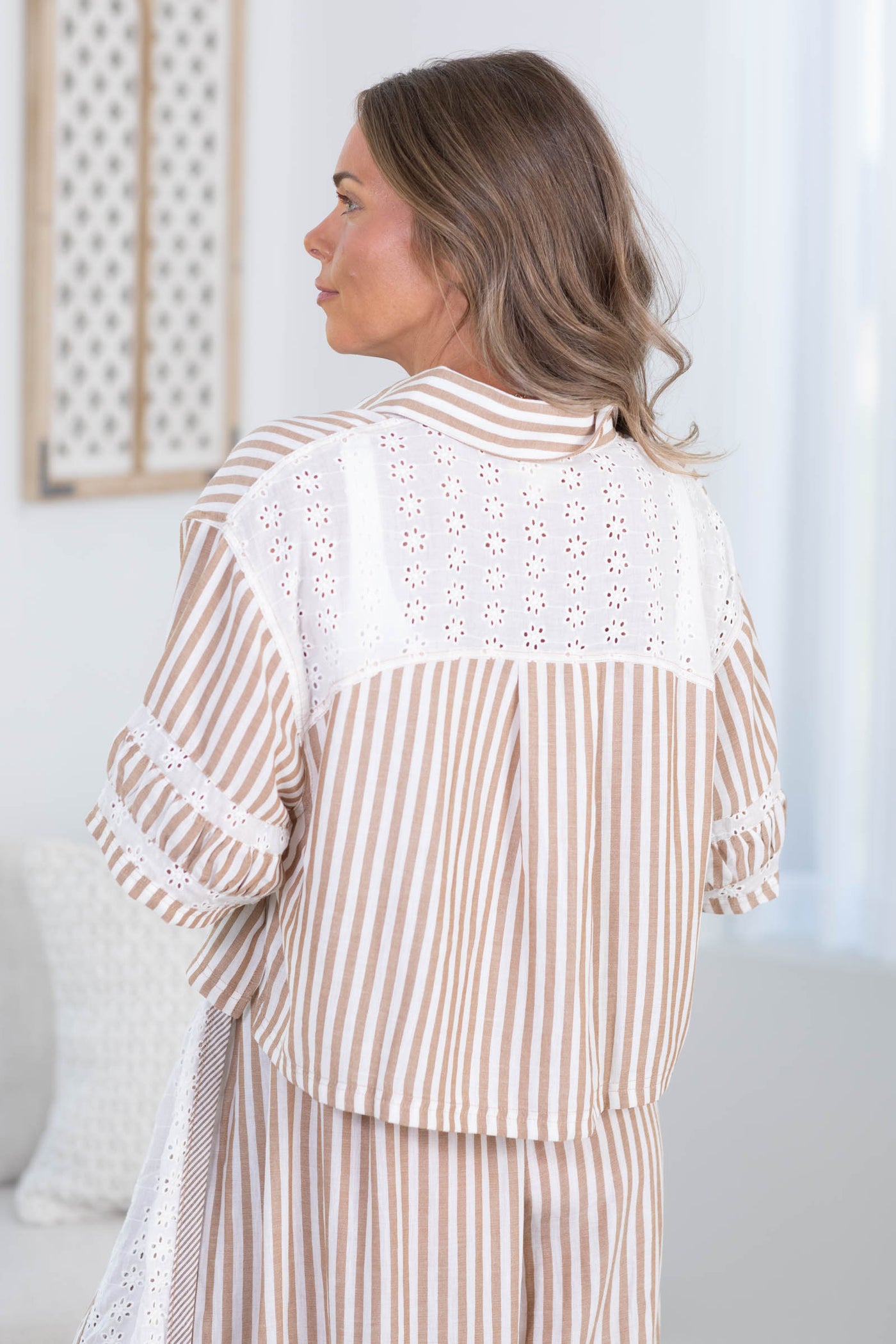 Cotierra Mocha Stripe Eyelet Button Up Top