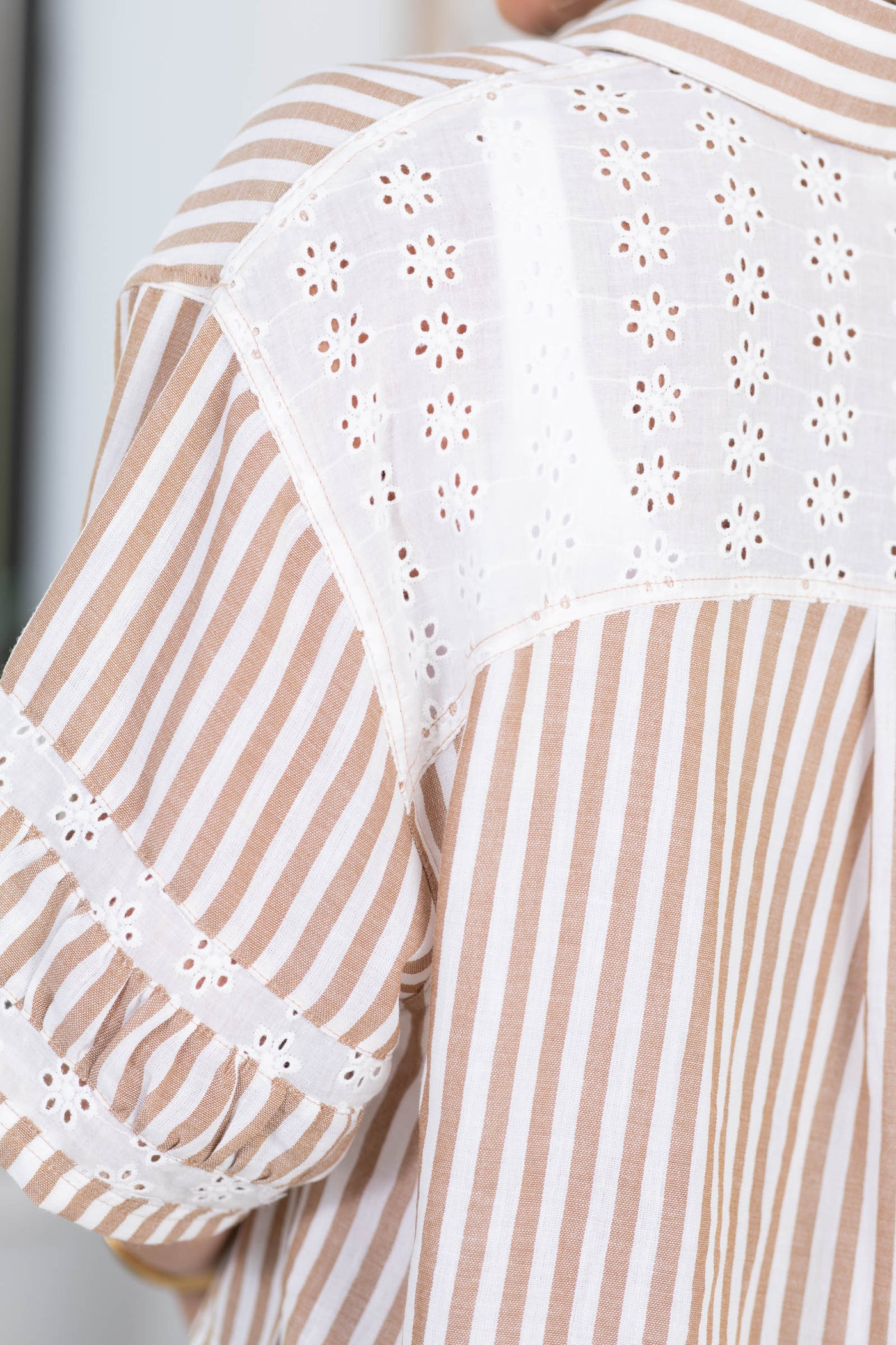 Cotierra Mocha Stripe Eyelet Button Up Top