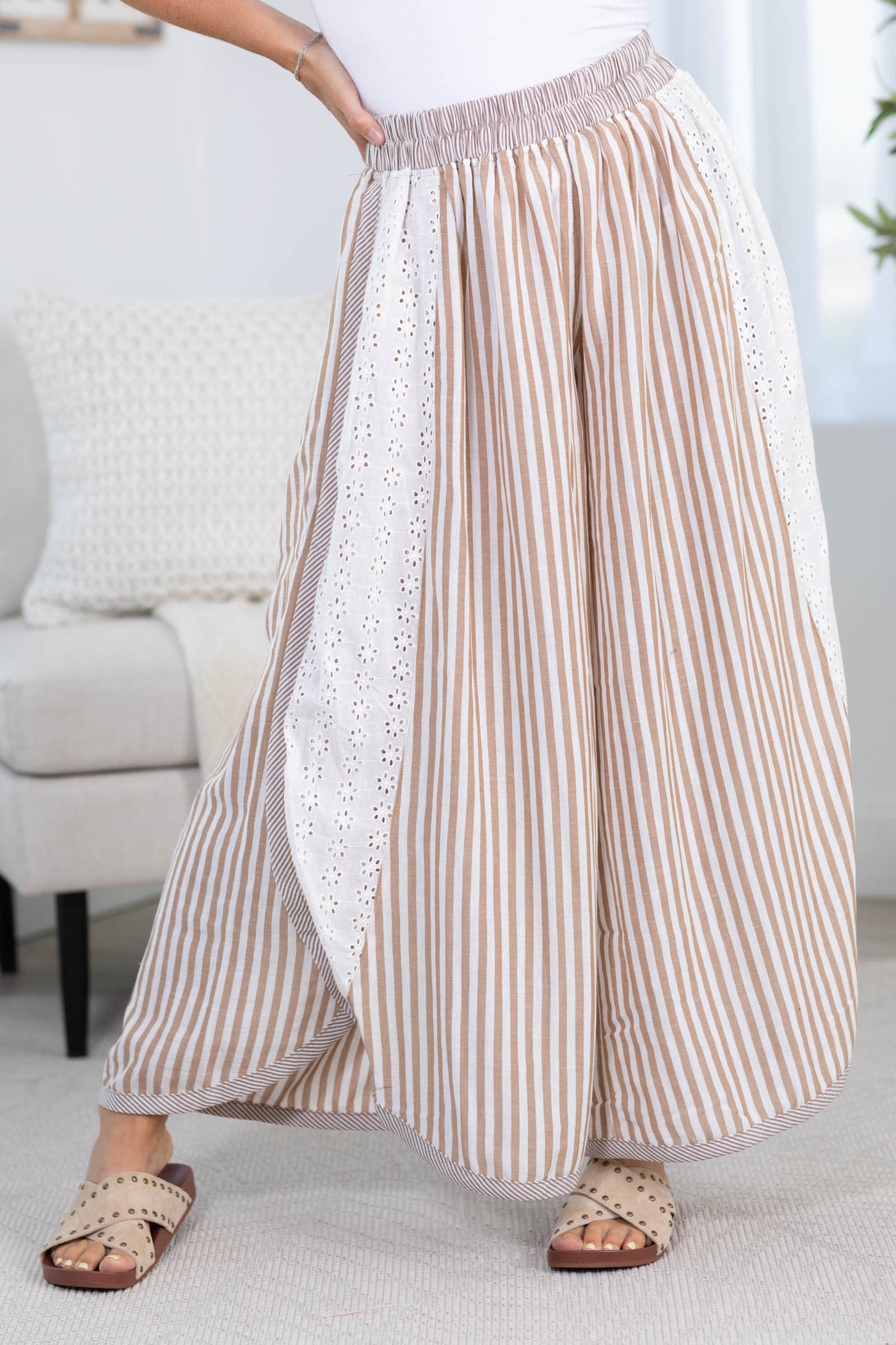 Cotierra Mocha Stripe Eyelet Wide Leg Pant