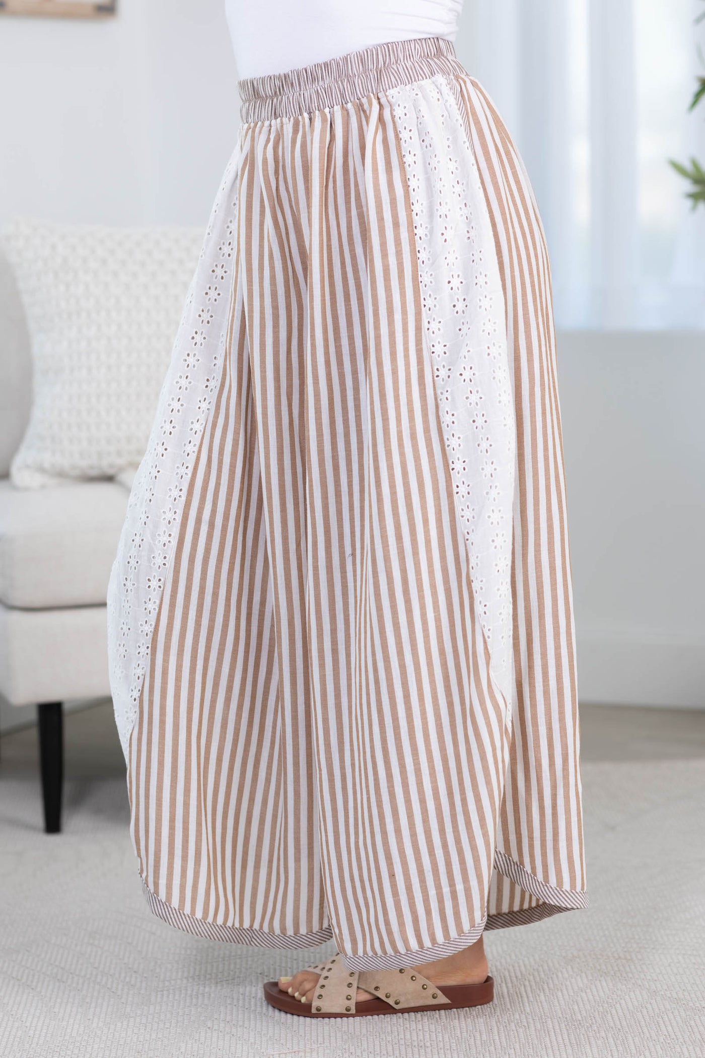 Cotierra Mocha Stripe Eyelet Wide Leg Pant