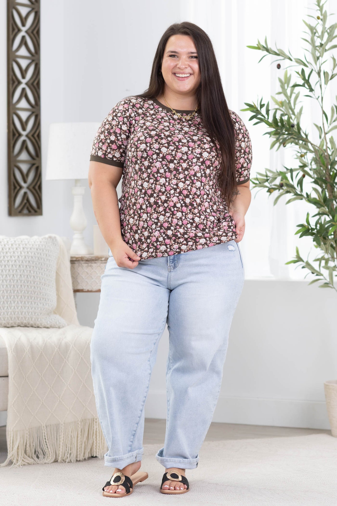 Staccato Brown Floral Short Sleeve Knit Top