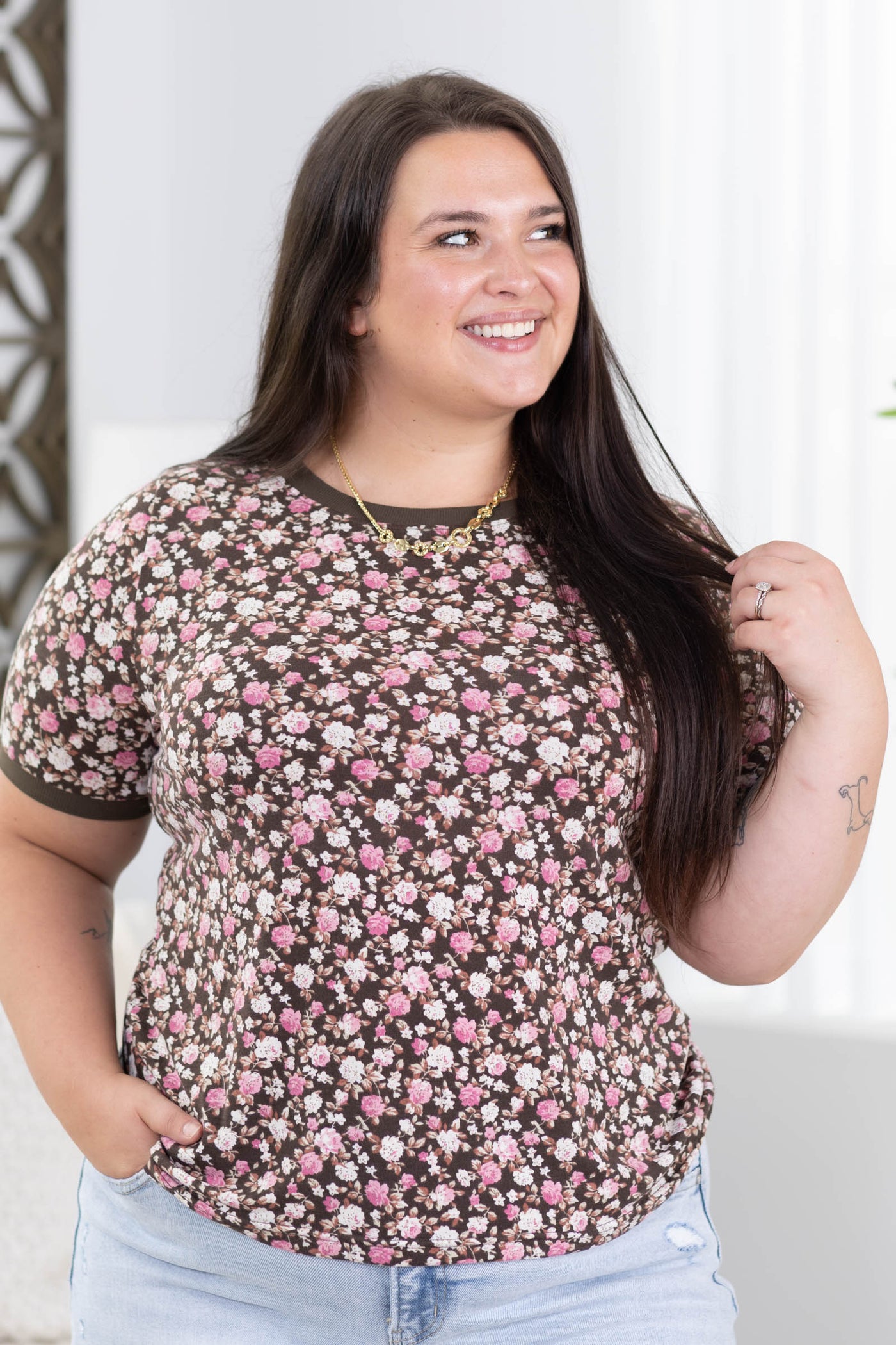 Staccato Brown Floral Short Sleeve Knit Top