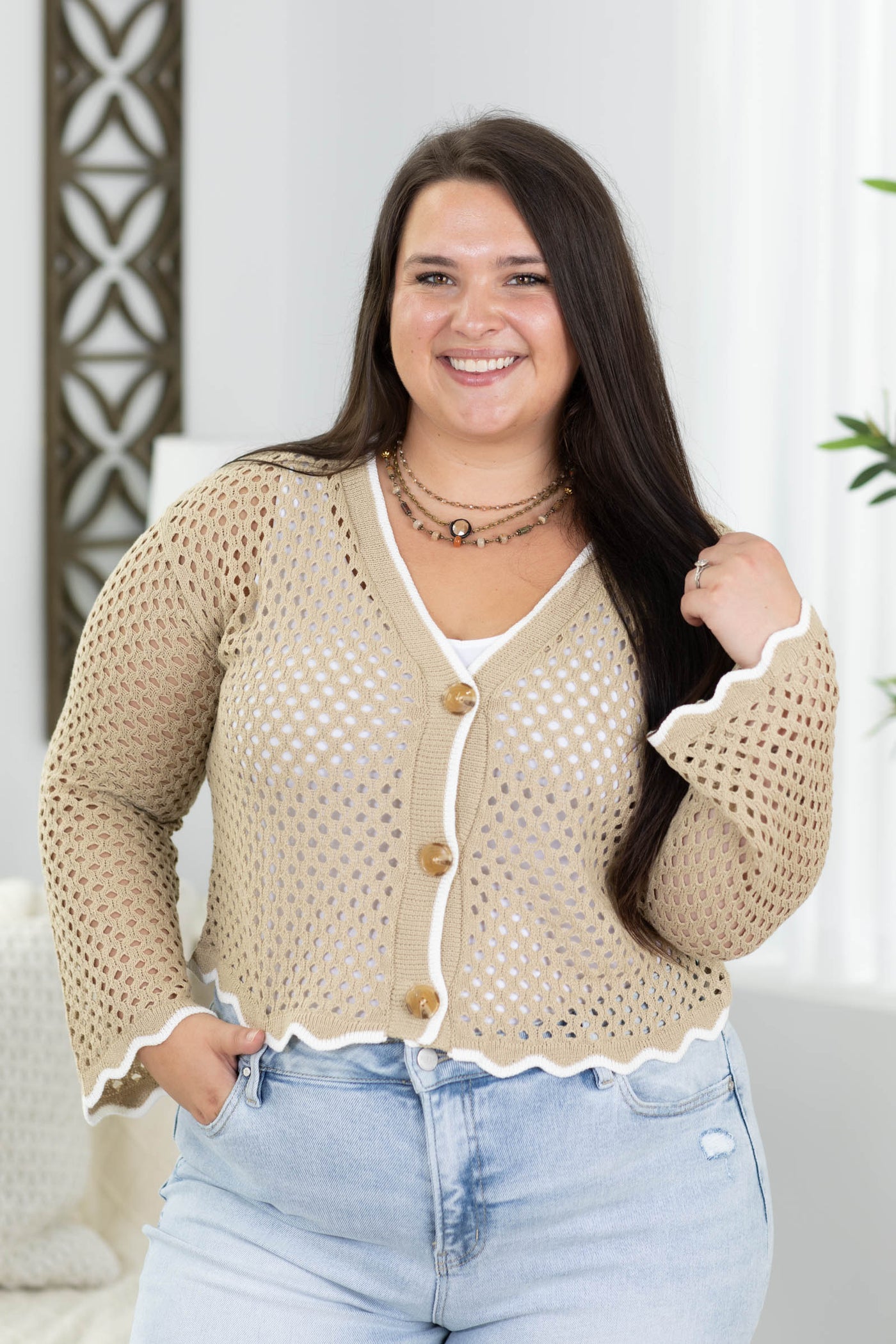 Taupe With Ivory Trim Sweater Cardigan