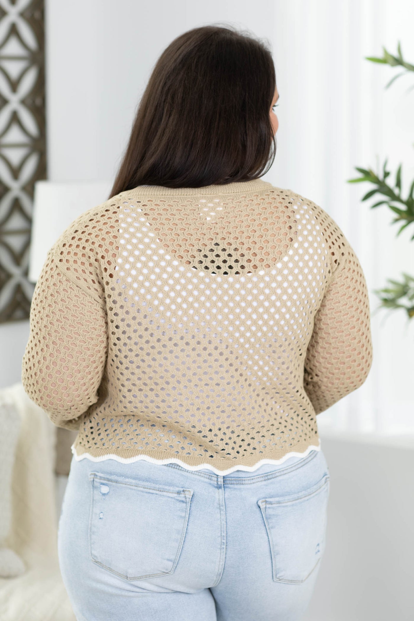 Taupe With Ivory Trim Sweater Cardigan