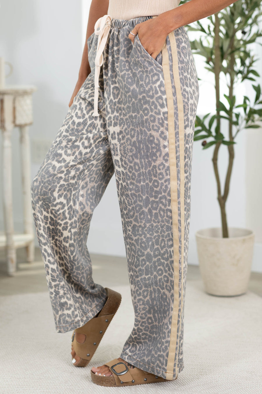 Leopard Relaxed Pants With Taupe Side Trim