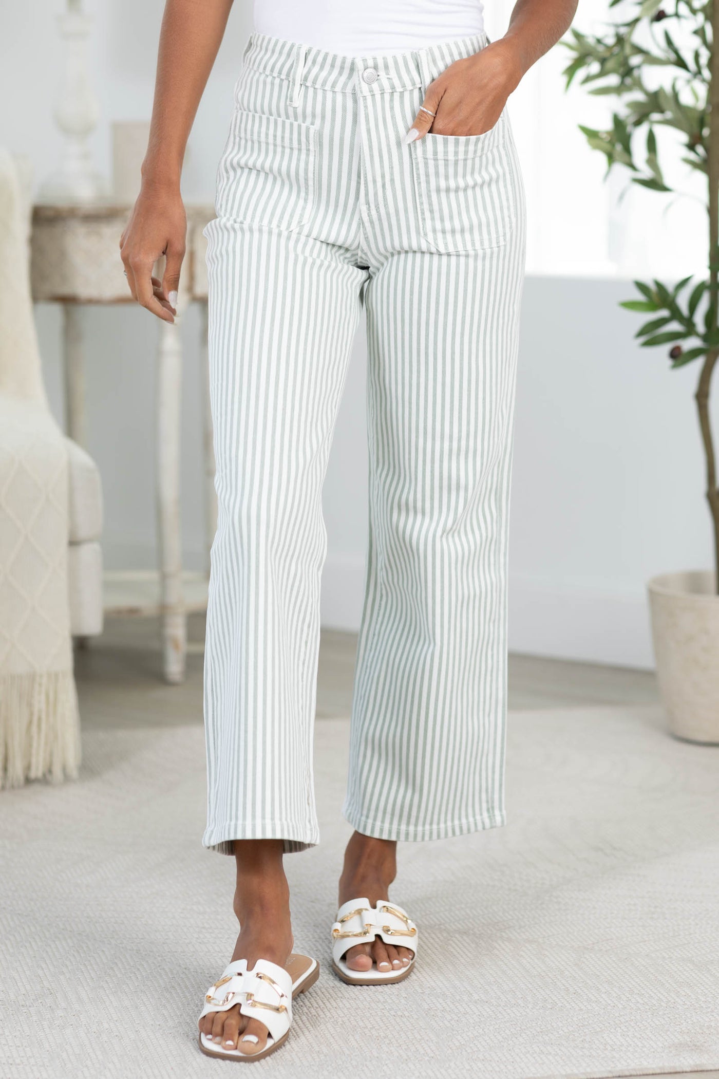 Mica Sage Stripe Wide Leg Cropped Pant