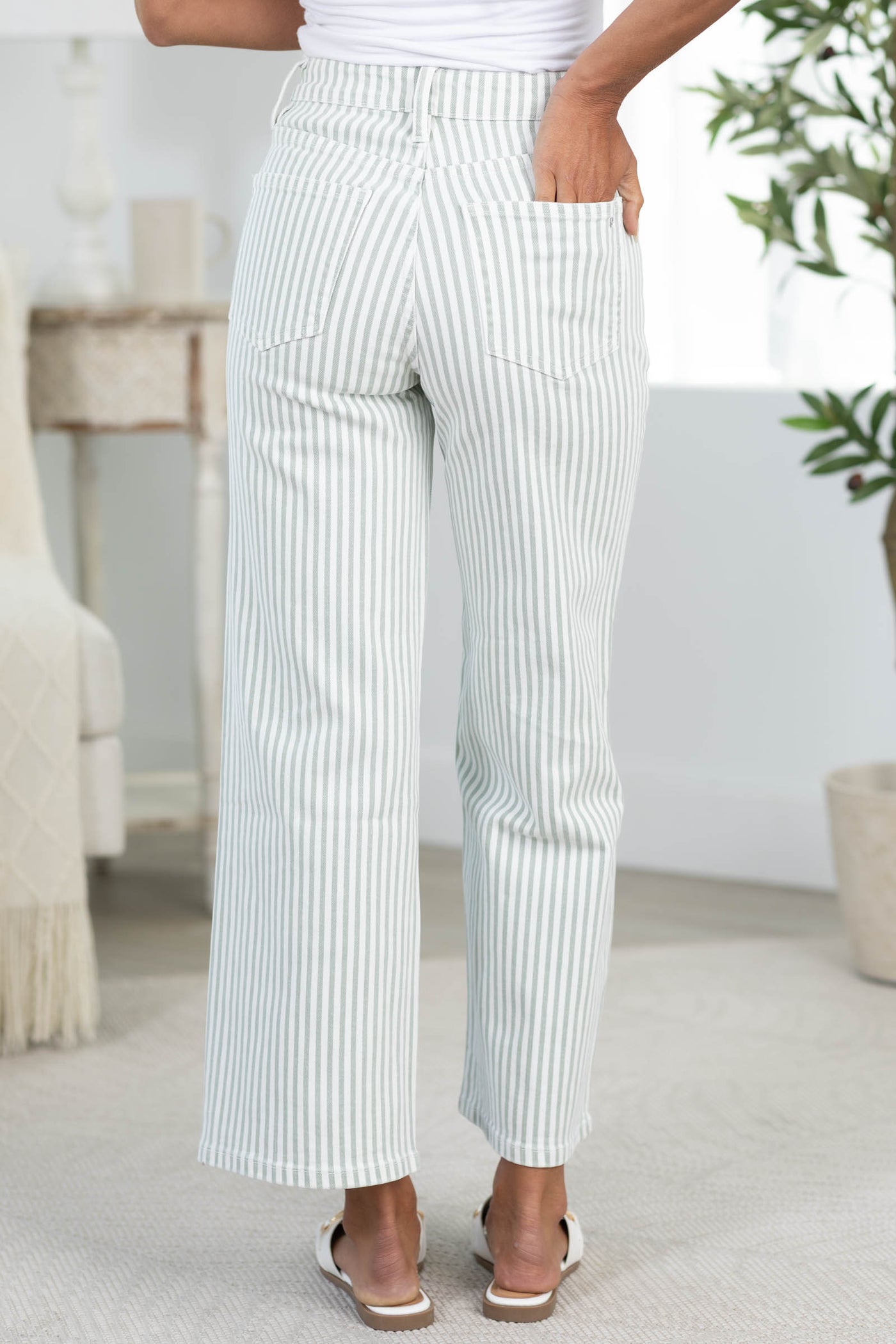 Mica Sage Stripe Wide Leg Cropped Pant