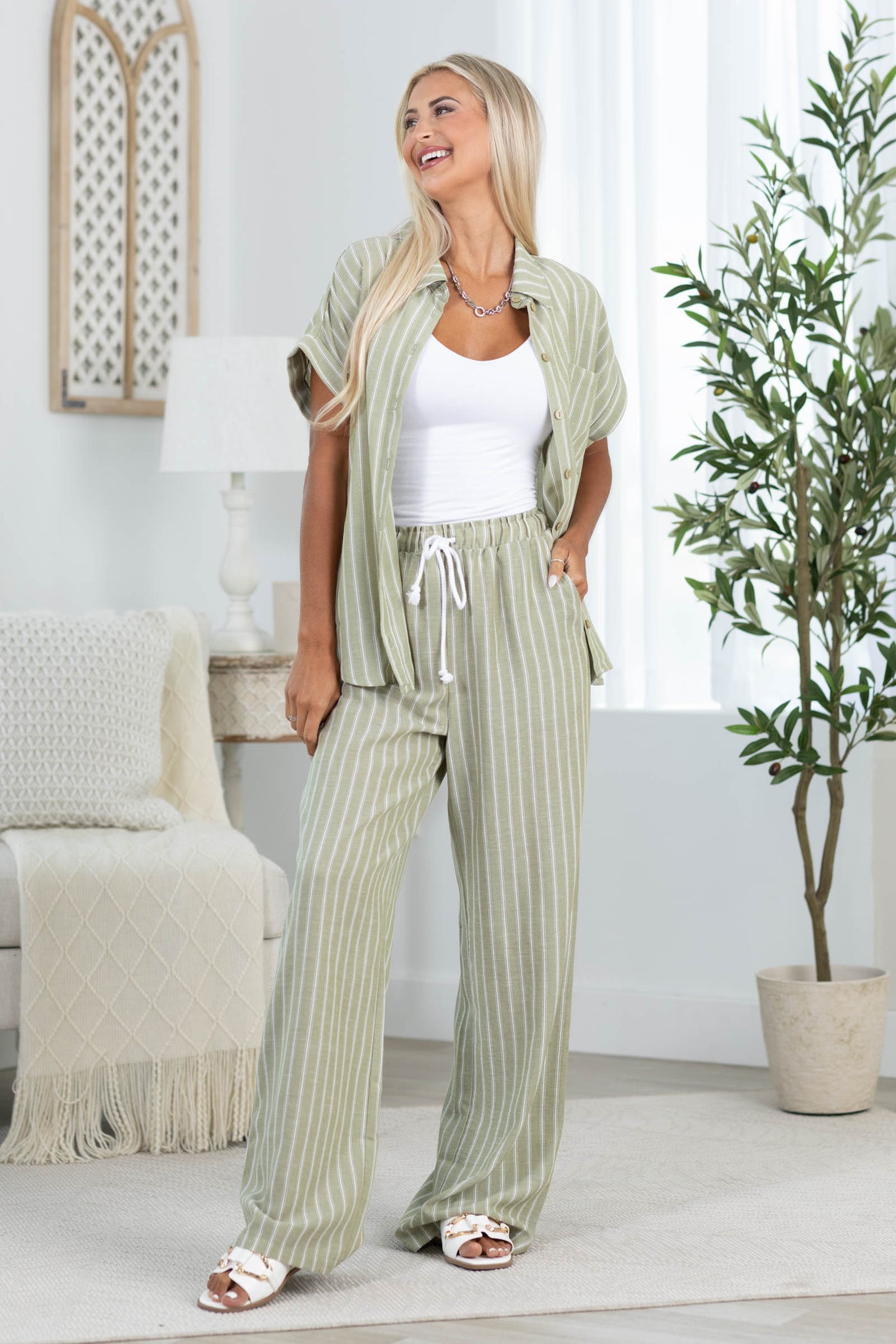 Easy Stripe Button Down Top And Pants Set