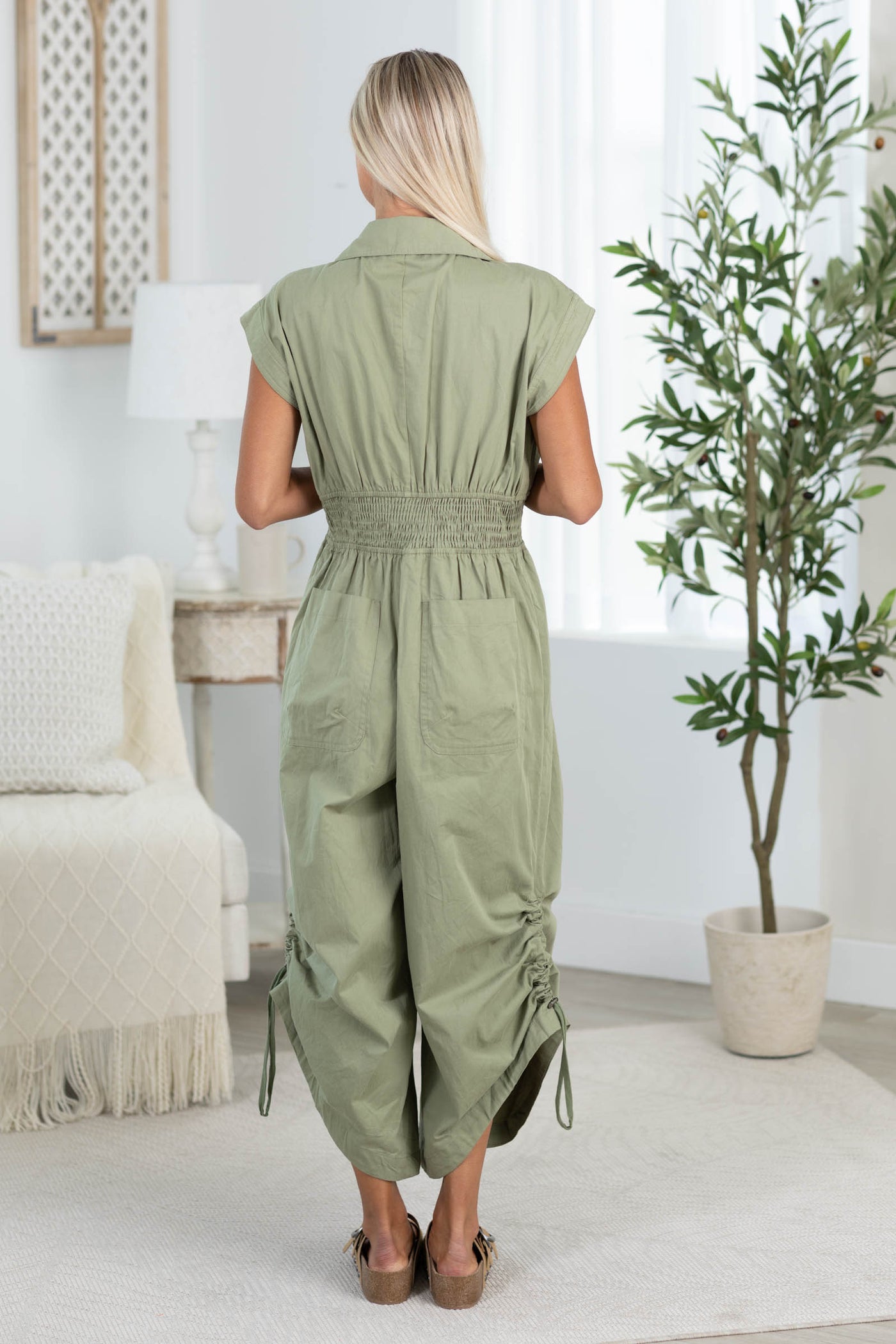 Olive Side Drawstring Hem Detail Jumpsuit