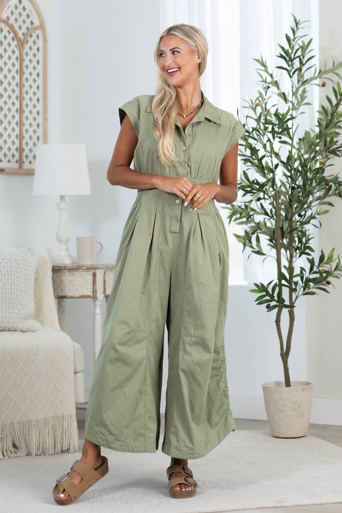 Olive Side Drawstring Hem Detail Jumpsuit