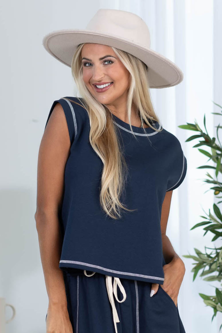 Navy Sleeveless Knit Top With Contrast Stitch