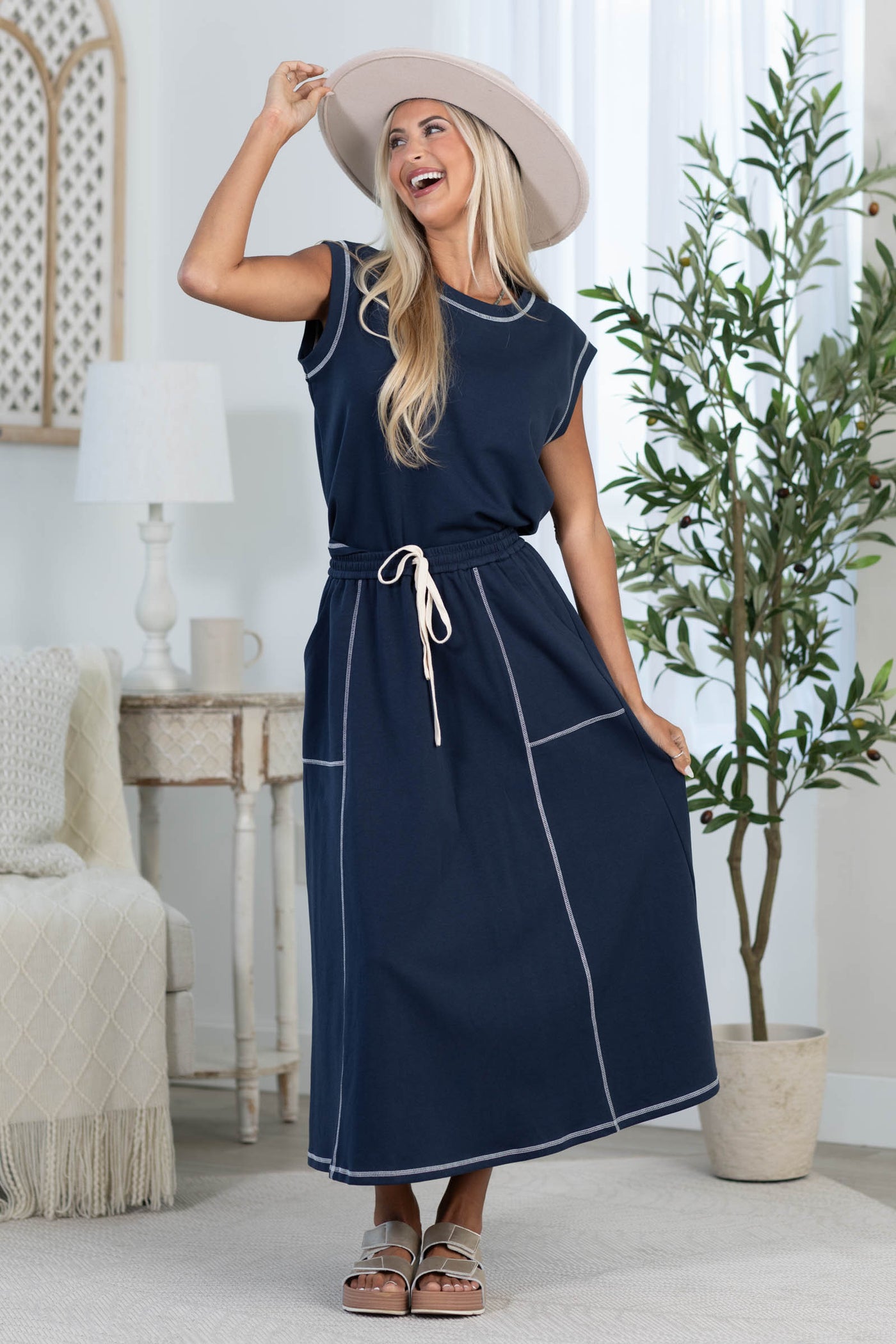 Navy Elastic Waist With Contrast Stitch Skirt