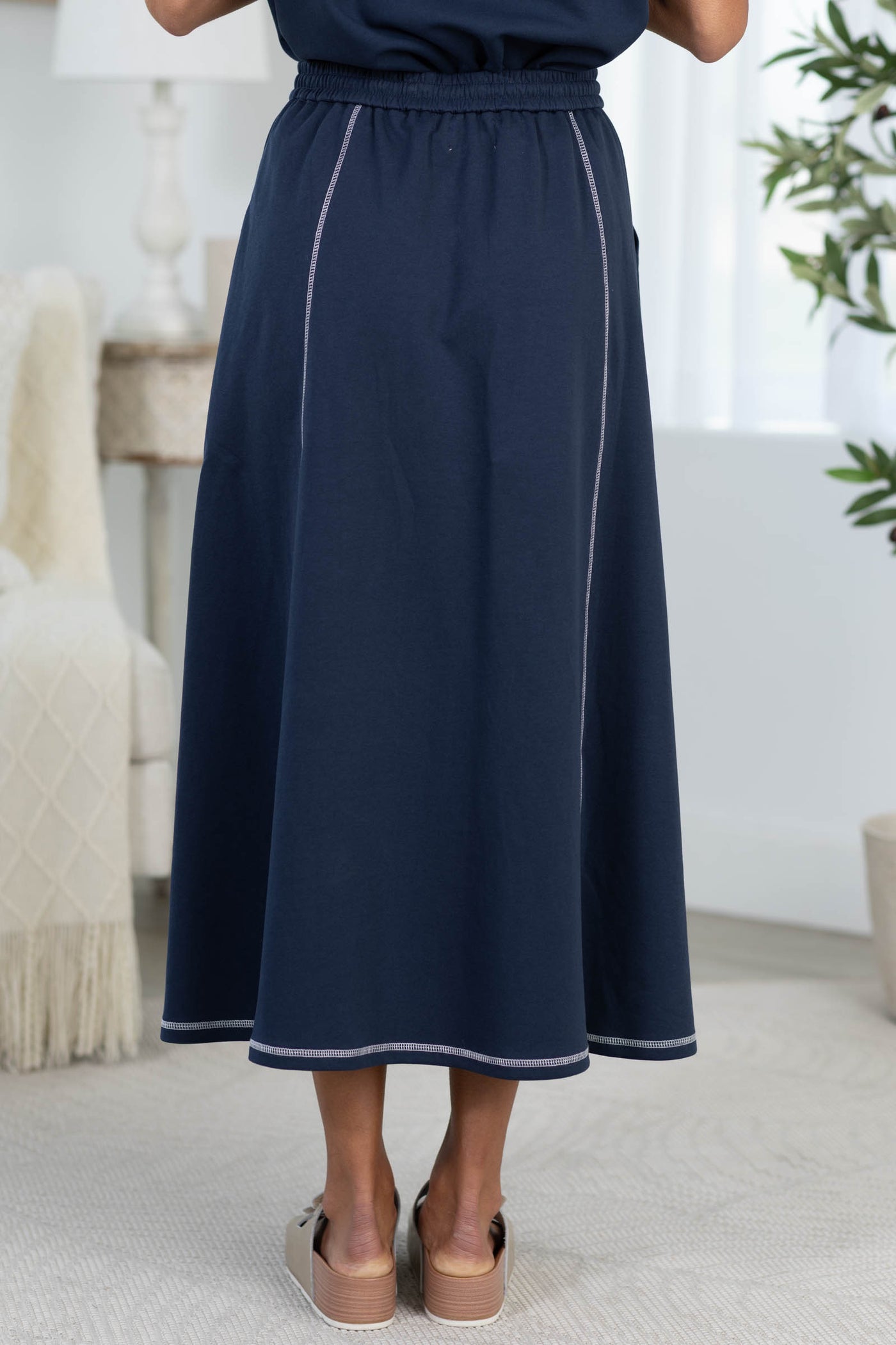 Navy Elastic Waist With Contrast Stitch Skirt