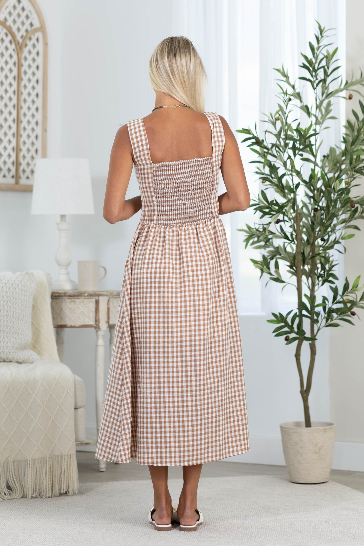 Light Brown Gingham Basque Waist Midi Dress