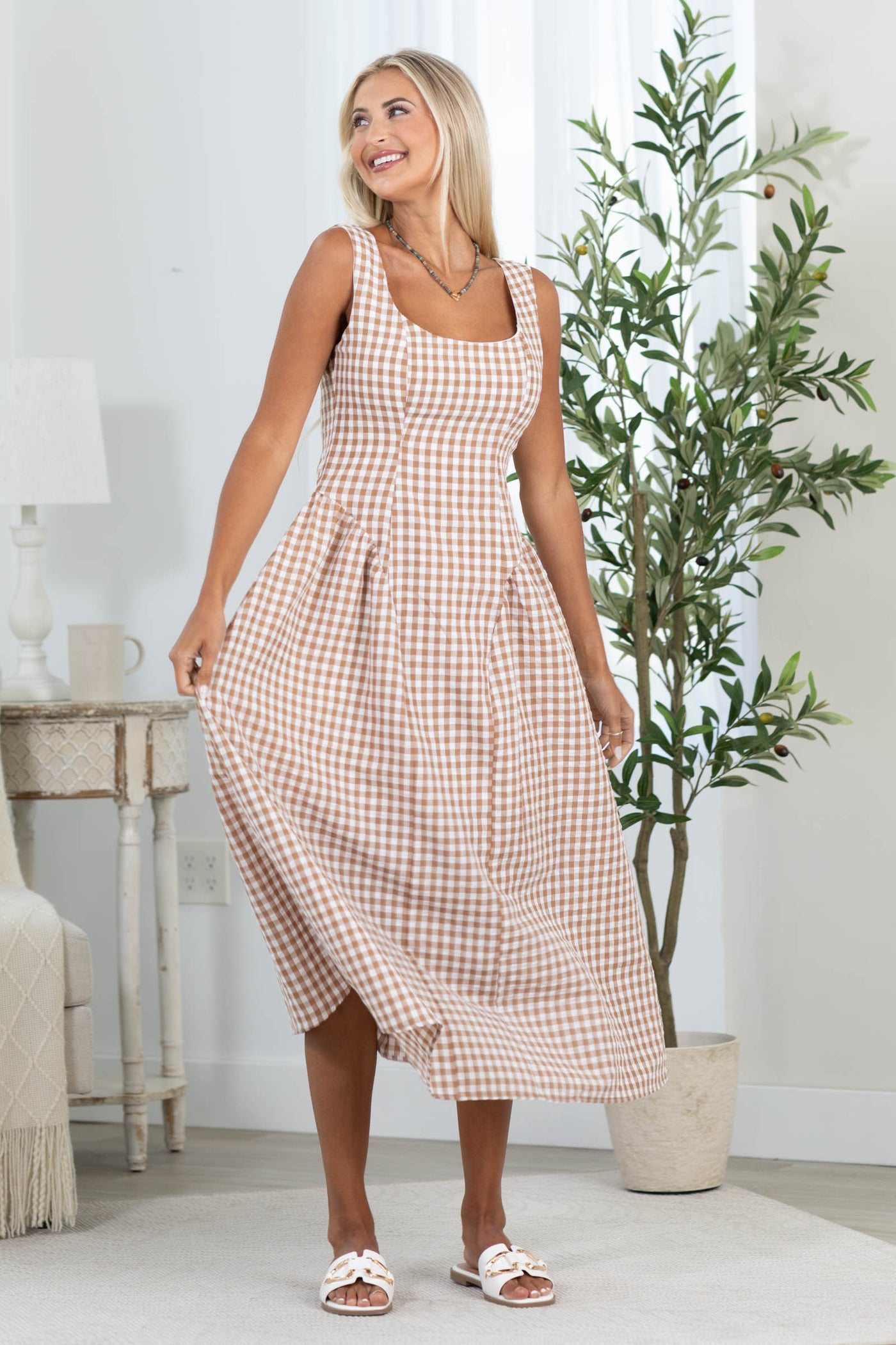 Light Brown Gingham Basque Waist Midi Dress