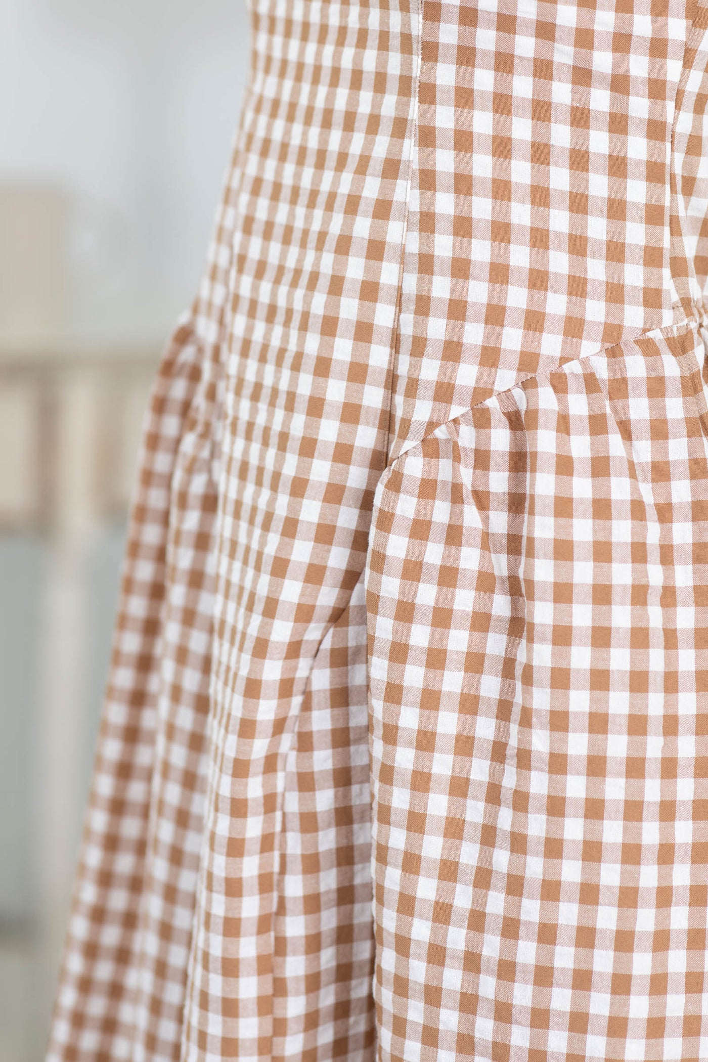 Light Brown Gingham Basque Waist Midi Dress