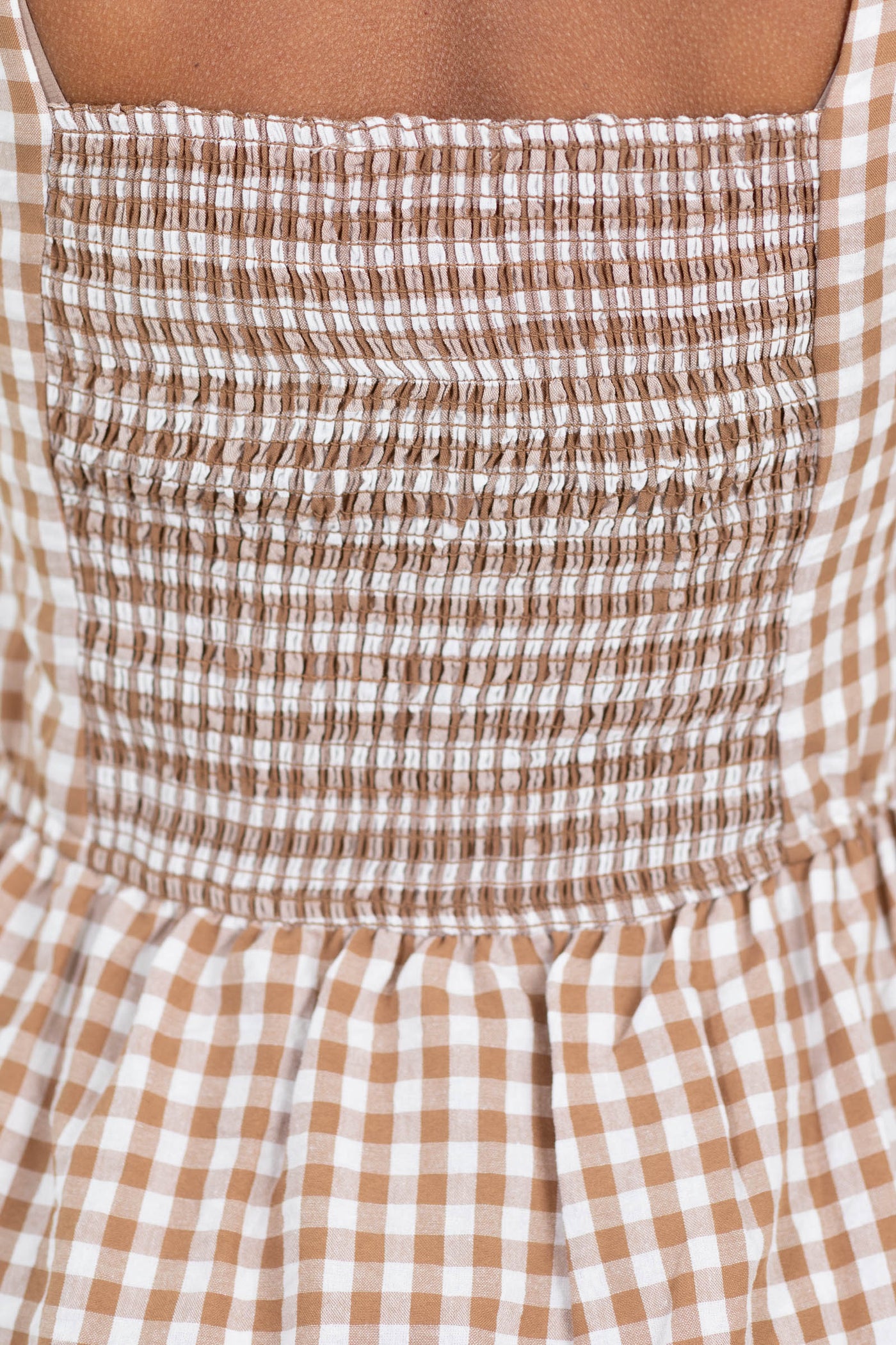 Light Brown Gingham Basque Waist Midi Dress