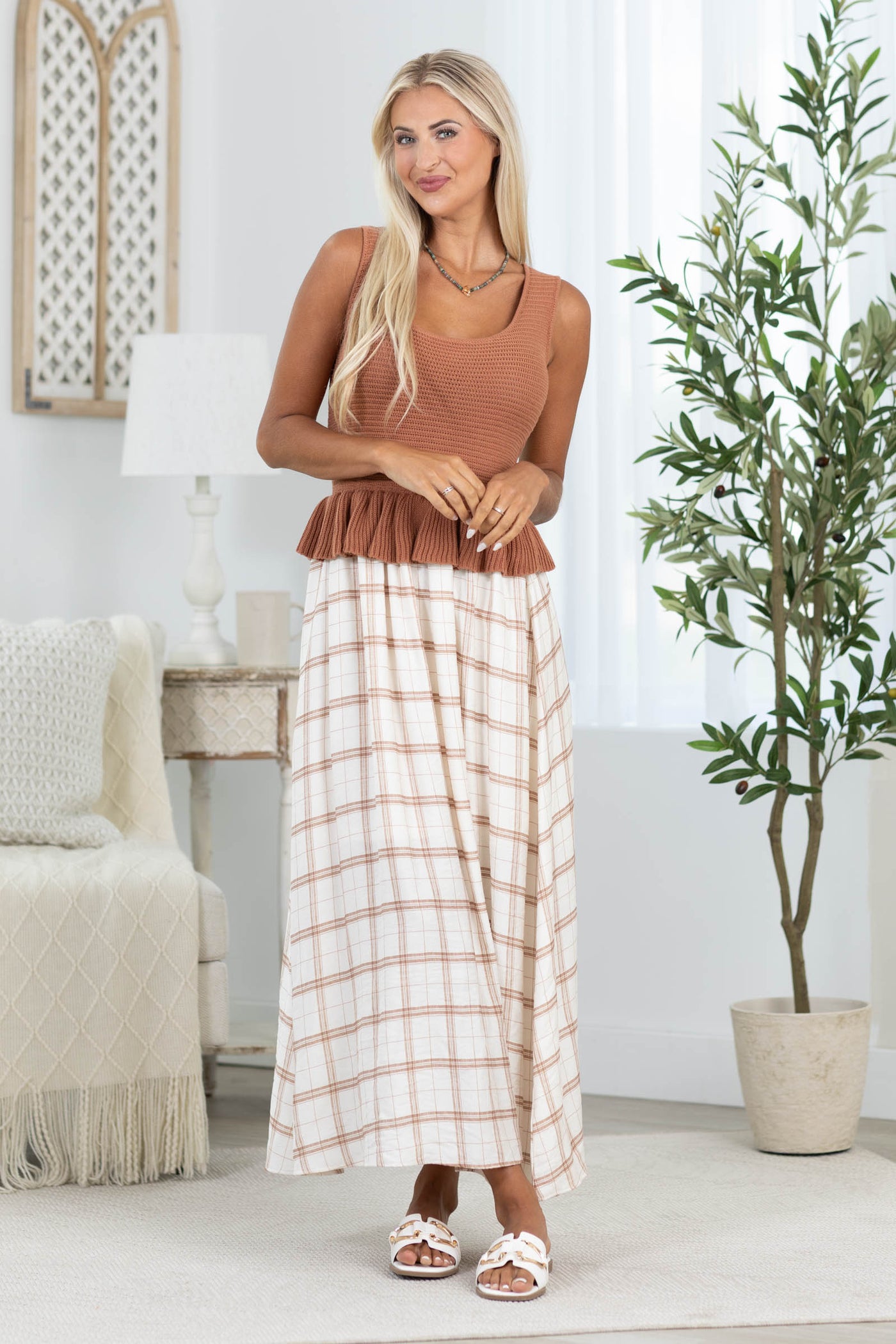 Light Brown Knit Peplum Plaid Skirt Midi Dress