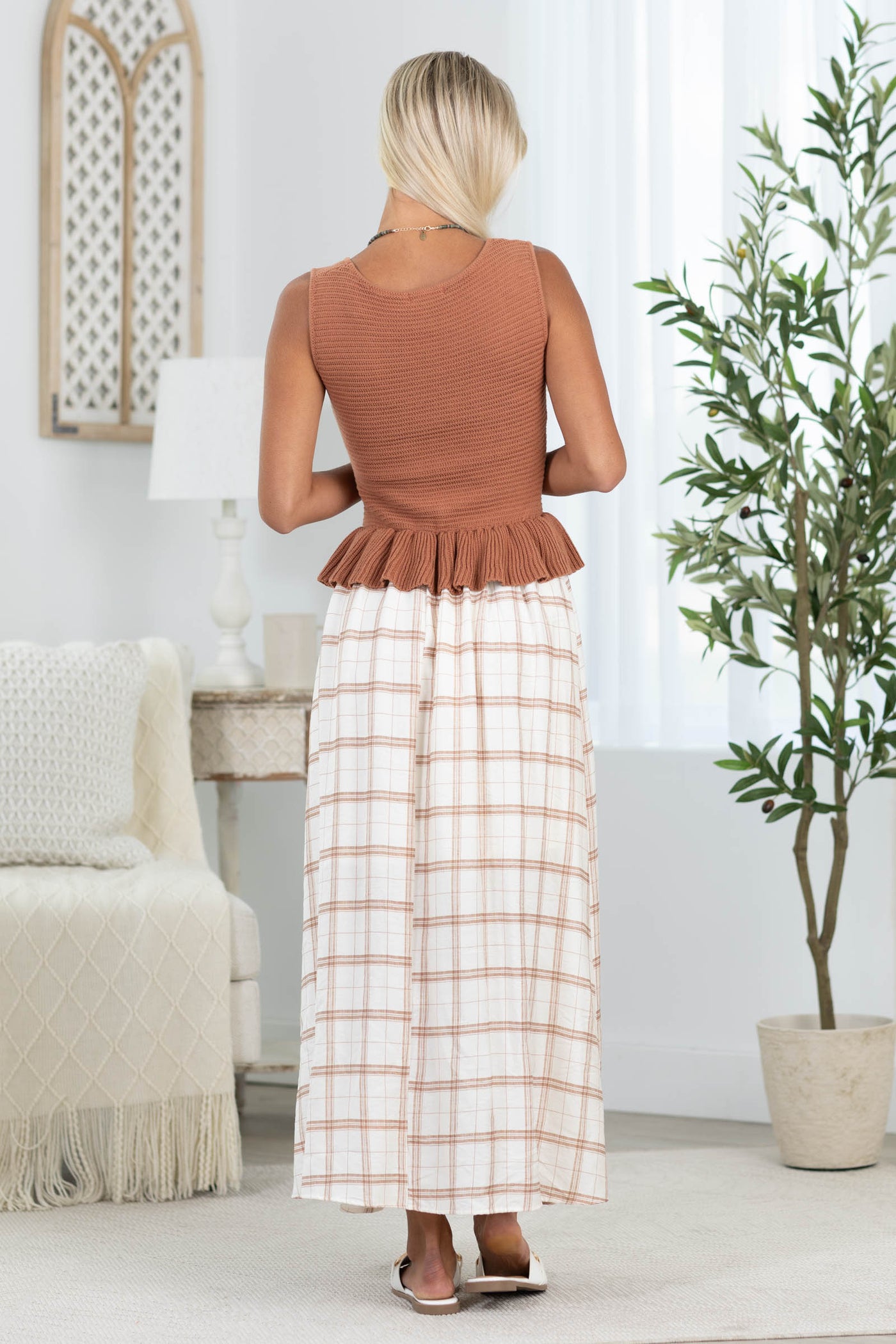Light Brown Knit Peplum Plaid Skirt Midi Dress