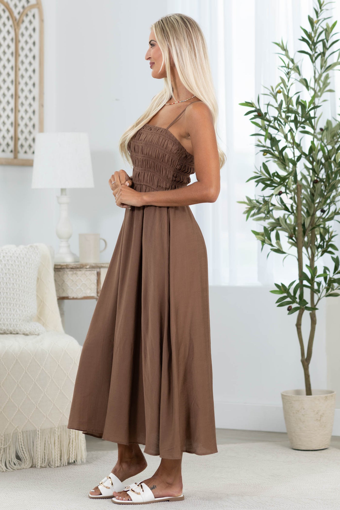 Shirred Bodice Spaghetti Strap Midi Dress