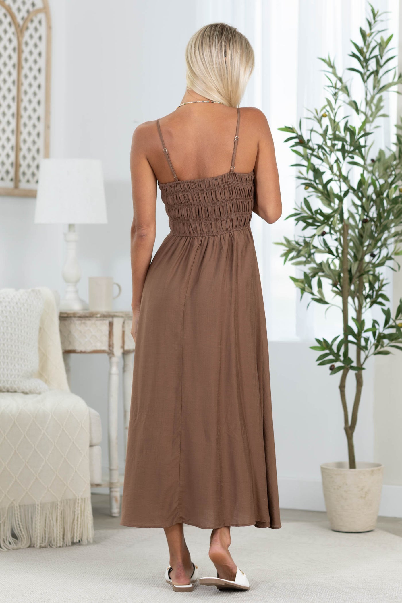 Shirred Bodice Spaghetti Strap Midi Dress