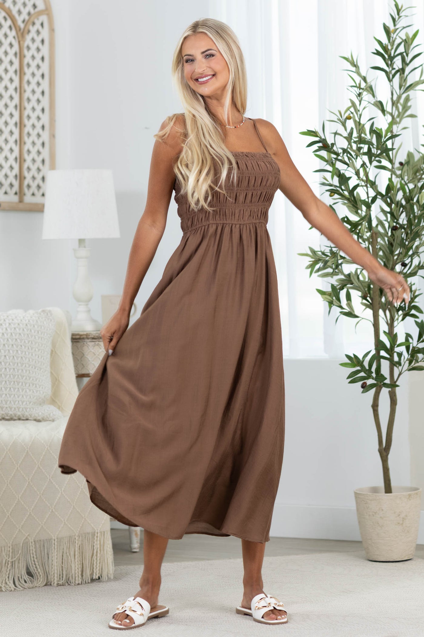 Shirred Bodice Spaghetti Strap Midi Dress