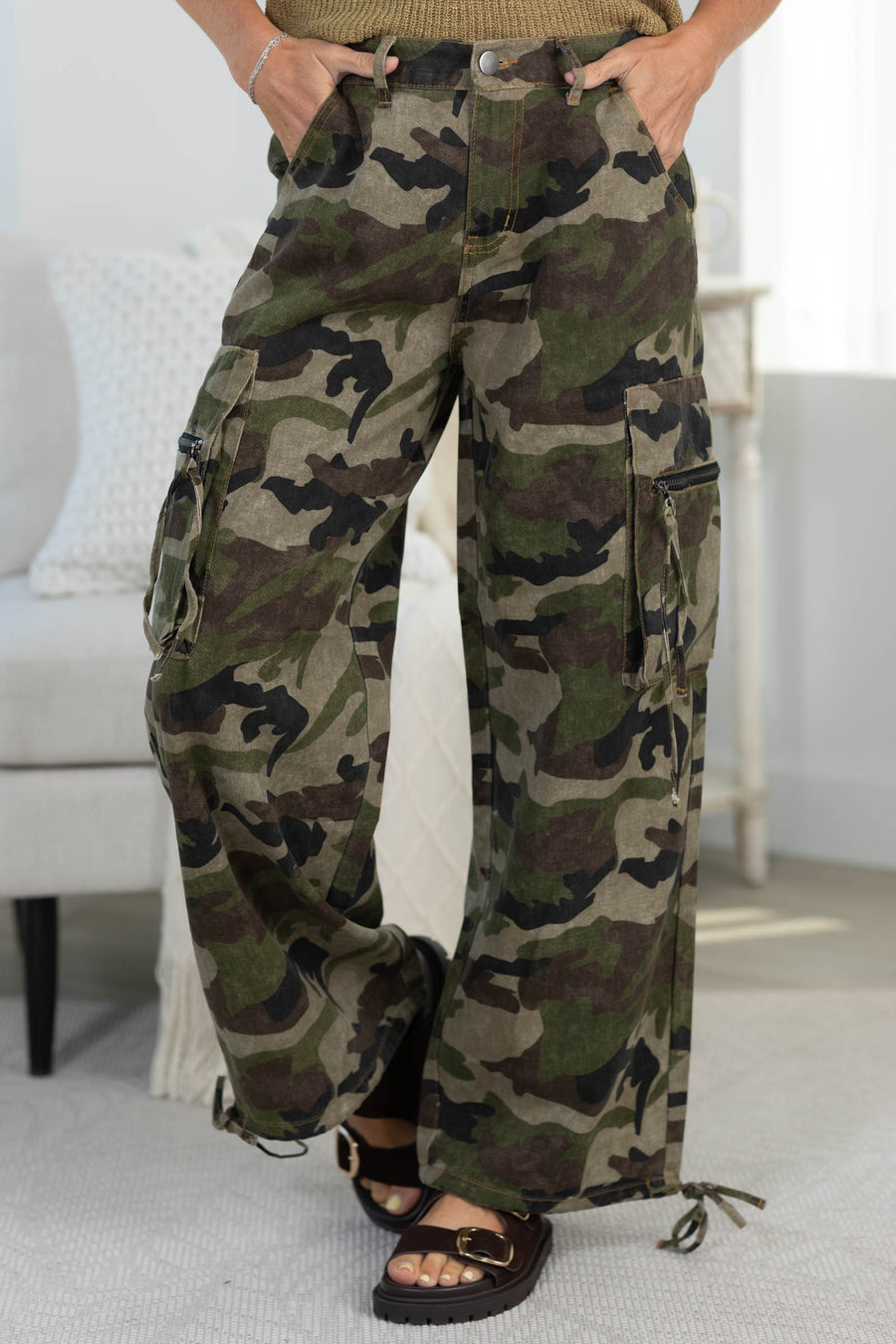 Olive Camouflage Print Cargo Pants